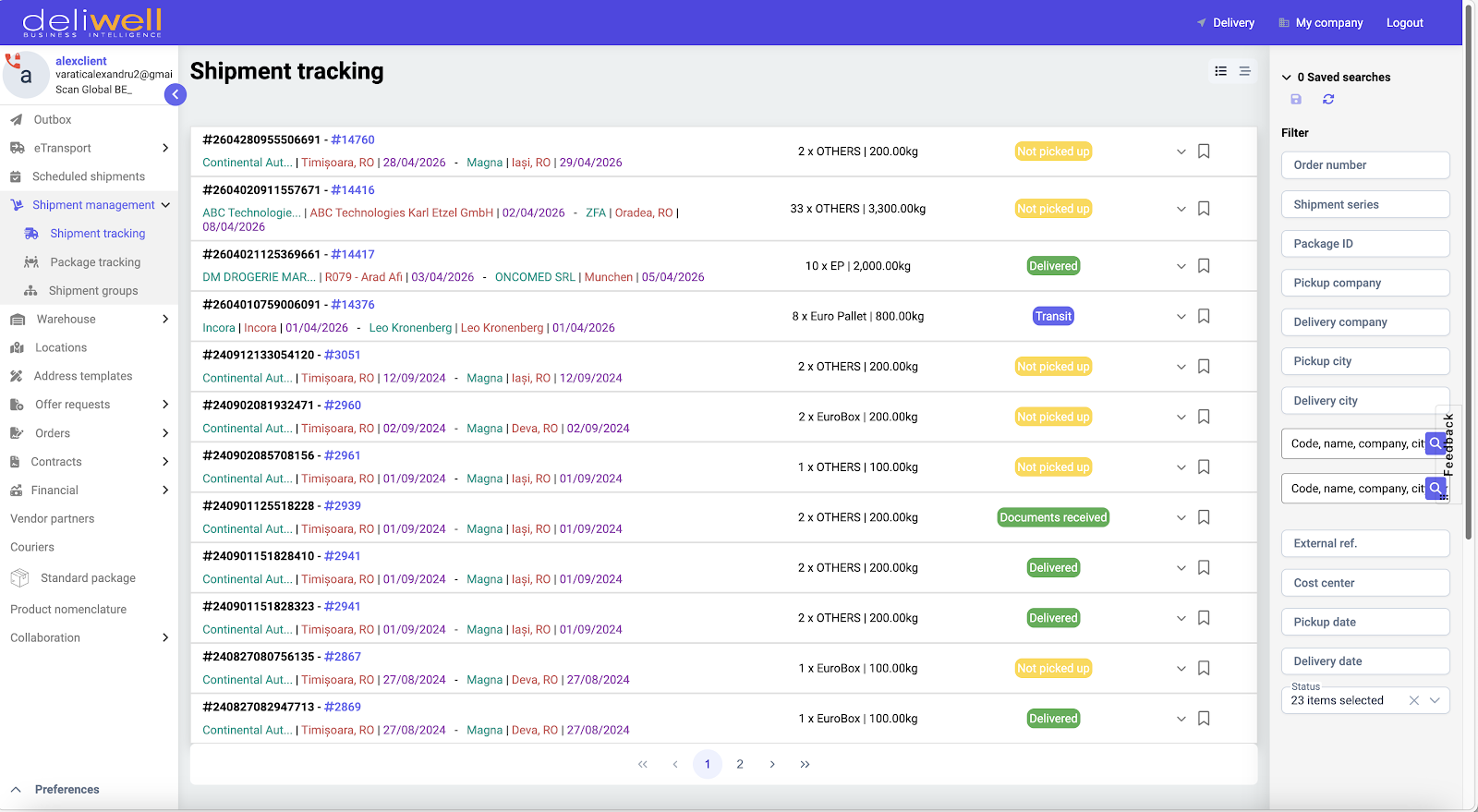 Deliwell shipment tracking list where each shipment carries a status such as Not picked up, Transit, Delivered or Documents received