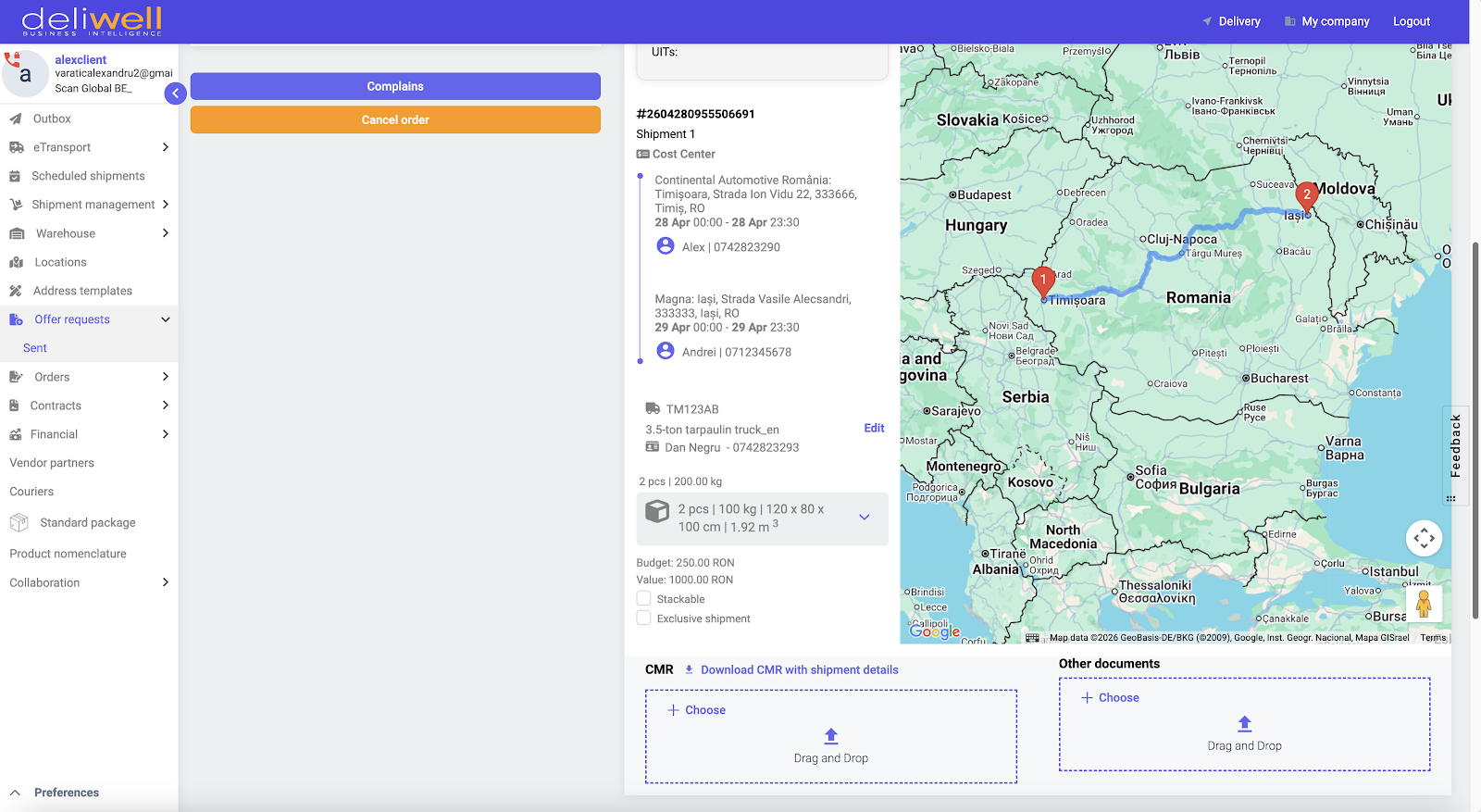 Deliwell transport order detail showing the CMR block with a download link and document upload areas, alongside the vehicle, driver and route for the shipment