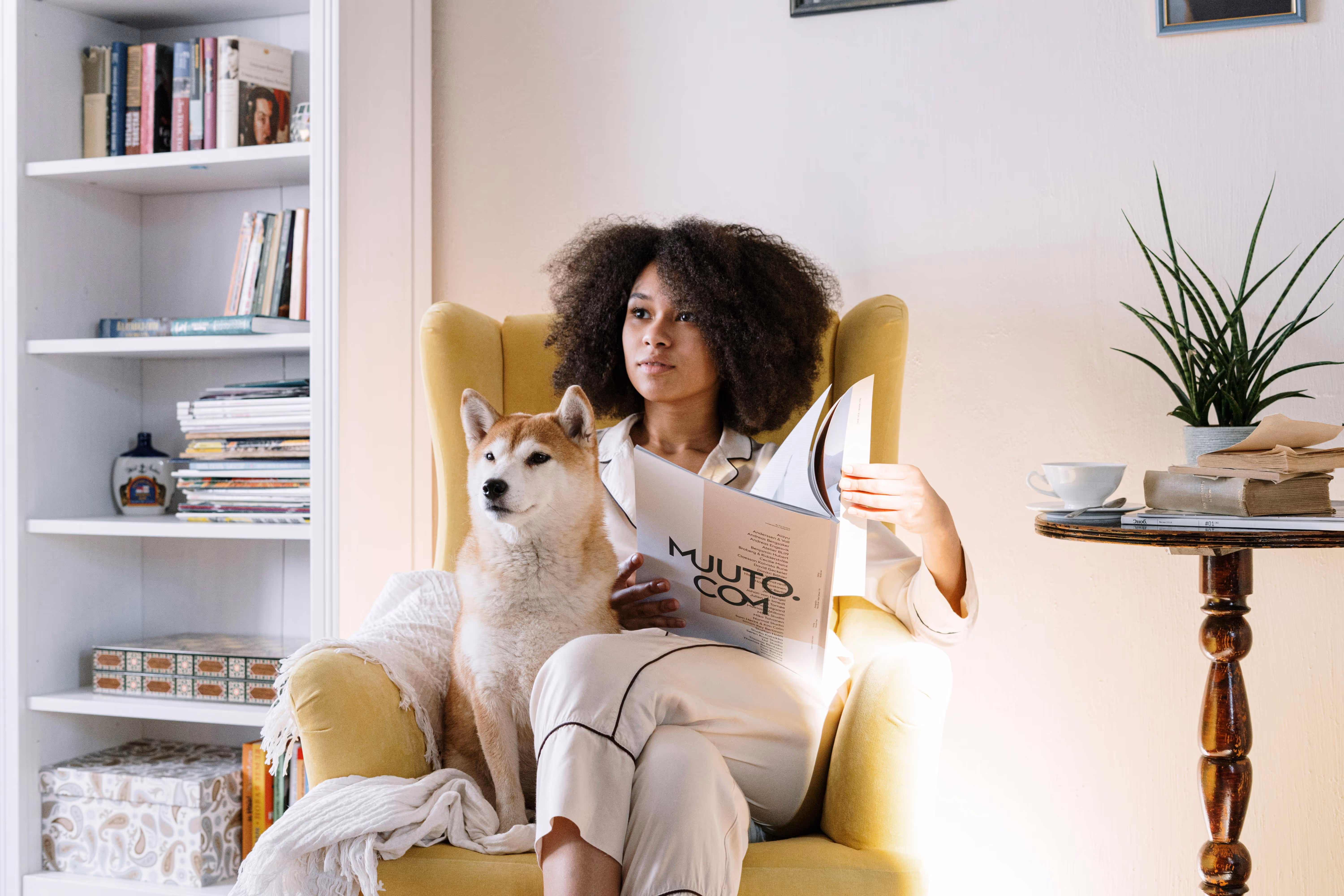 Woman with dog sitting in a chair reading stock image