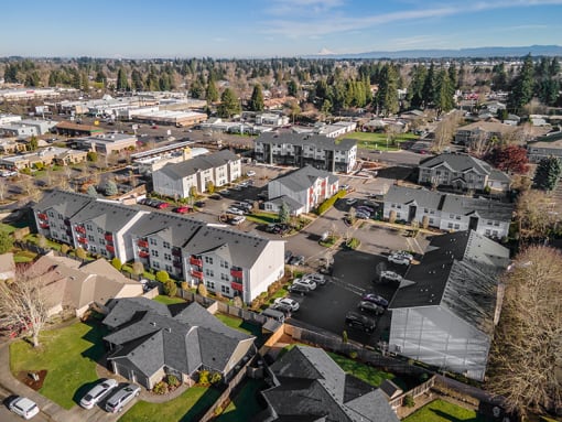 Bird's eye view of The Village and surrounding area