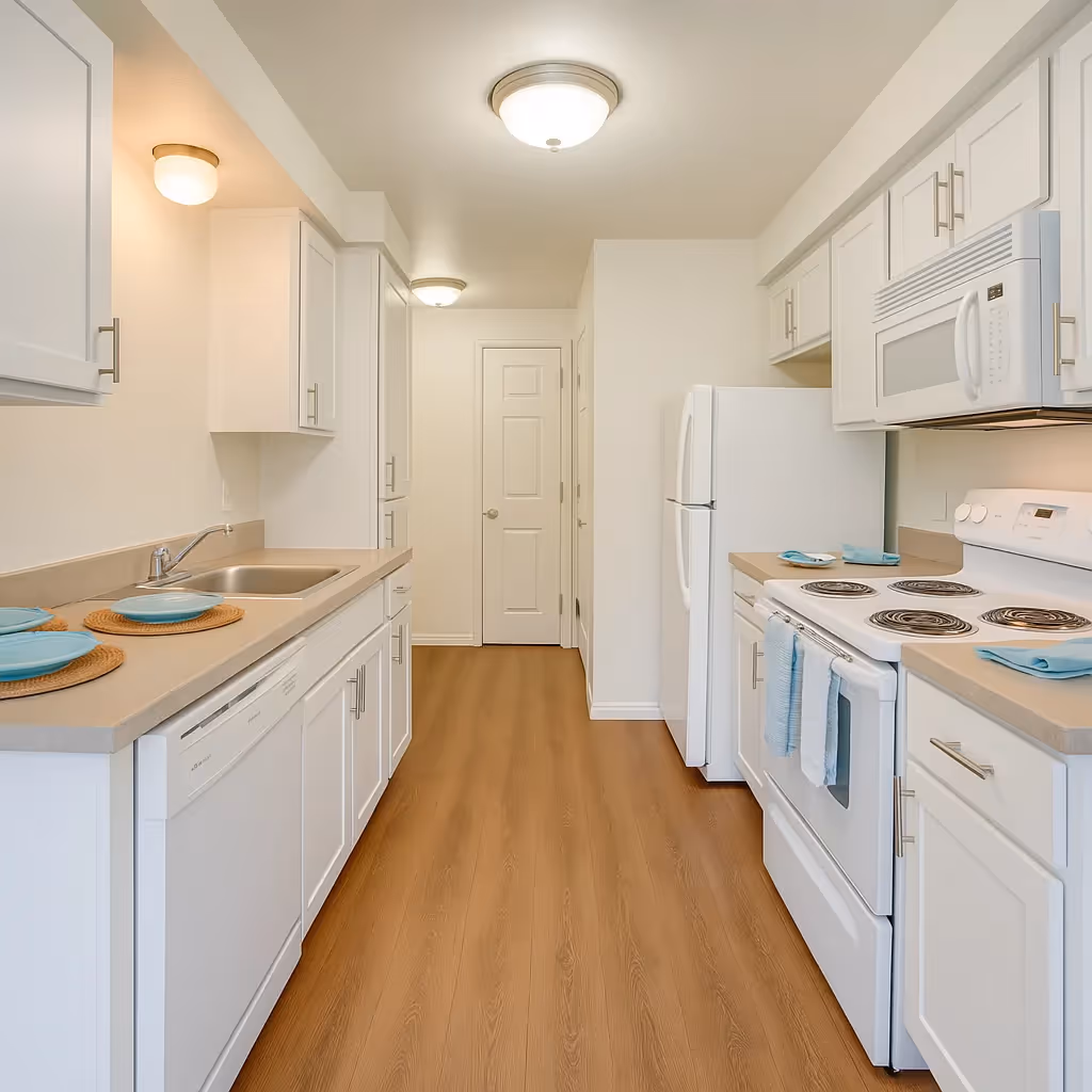 Kitchen with white cabinets and white appliances