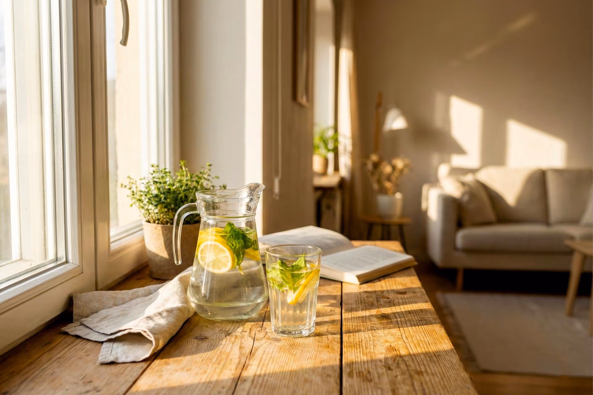 Sunlit wooden table by a window with a pitcher and glass of lemon and mint water, an open book, and a potted plant, with a beige couch in the background.