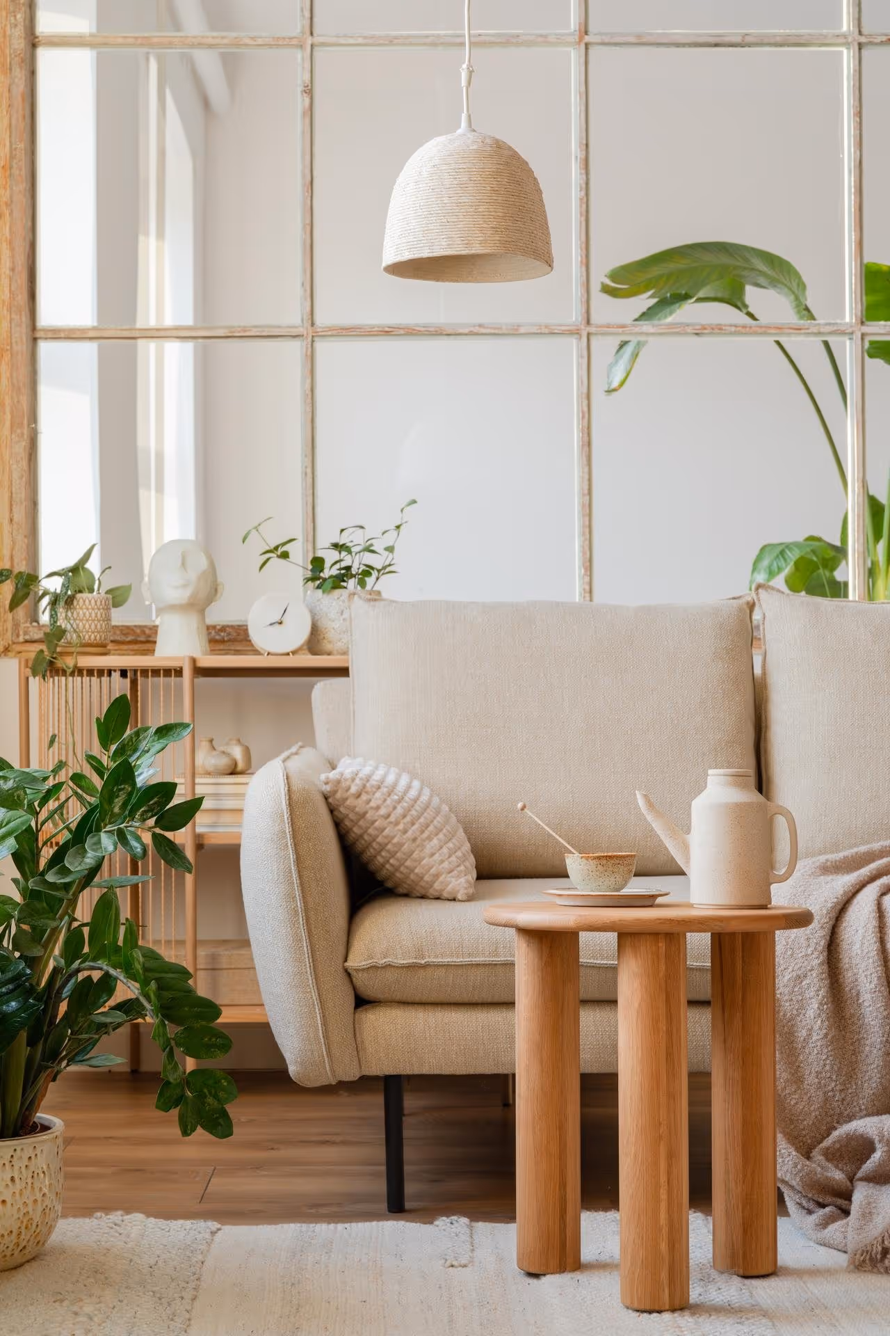 Cozy beige sofa with textured pillow and a beige throw blanket, wooden round coffee table with ceramic teapot and cup, green potted plants, and a woven pendant lamp in a bright living room.