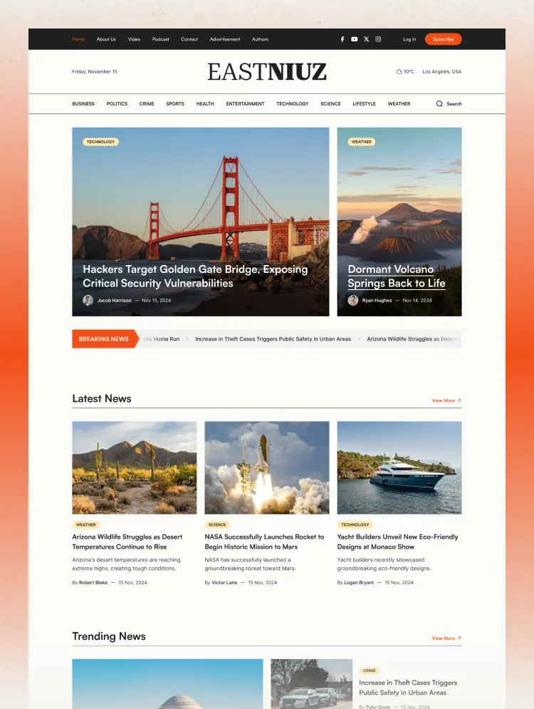 News website homepage featuring headlines on Golden Gate Bridge security, dormant volcano activity, wildlife struggles, Mars rocket launch, and eco-friendly yacht designs.