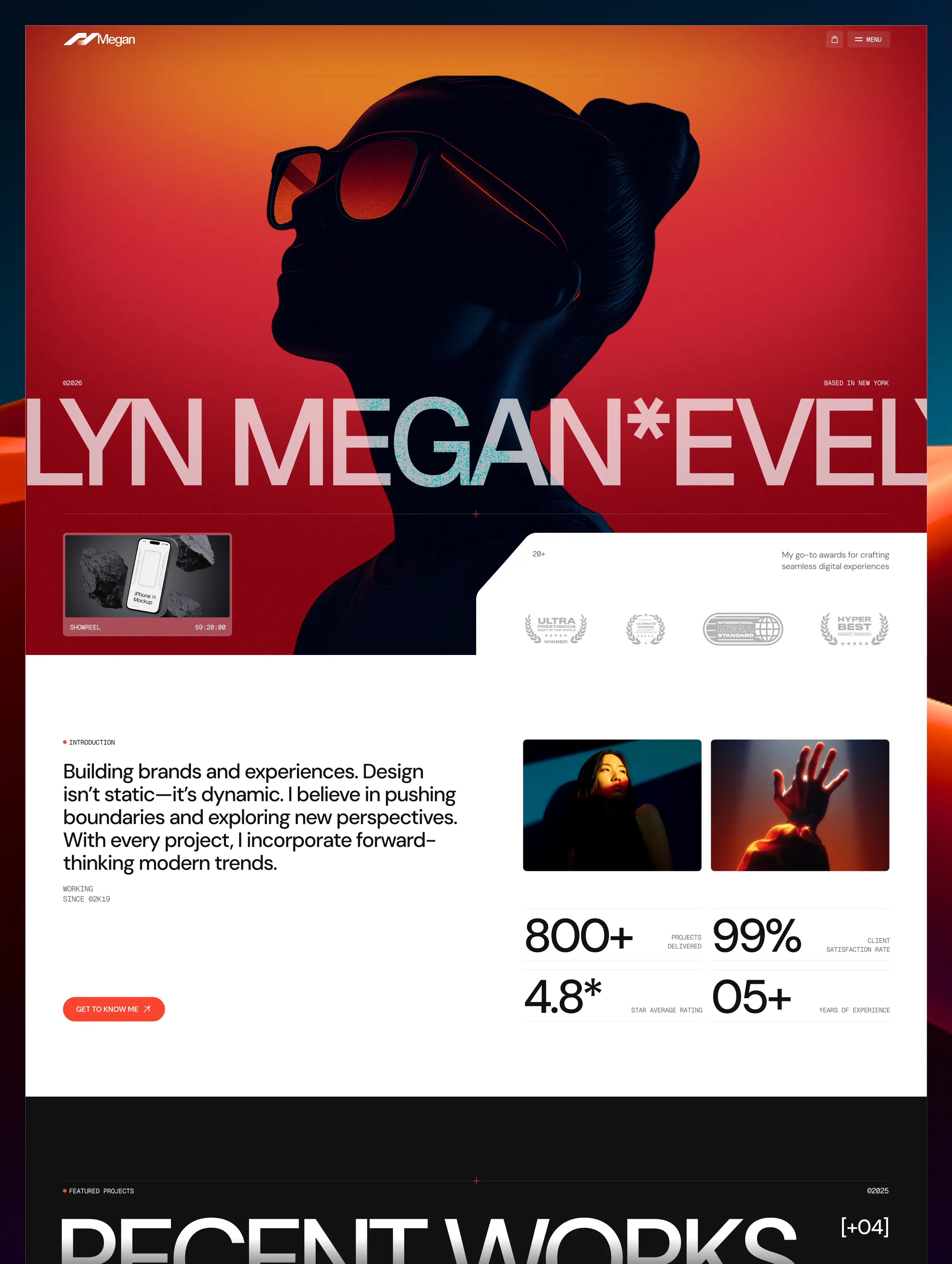 Website homepage with silhouette of a woman wearing sunglasses against an orange-red background, showcasing brand design stats and portfolio highlights.