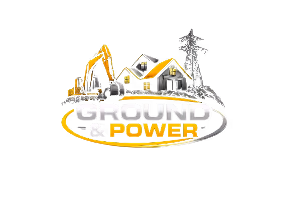 Logo with construction excavator, house, and power transmission tower above bold text 'GROUND & POWER'.