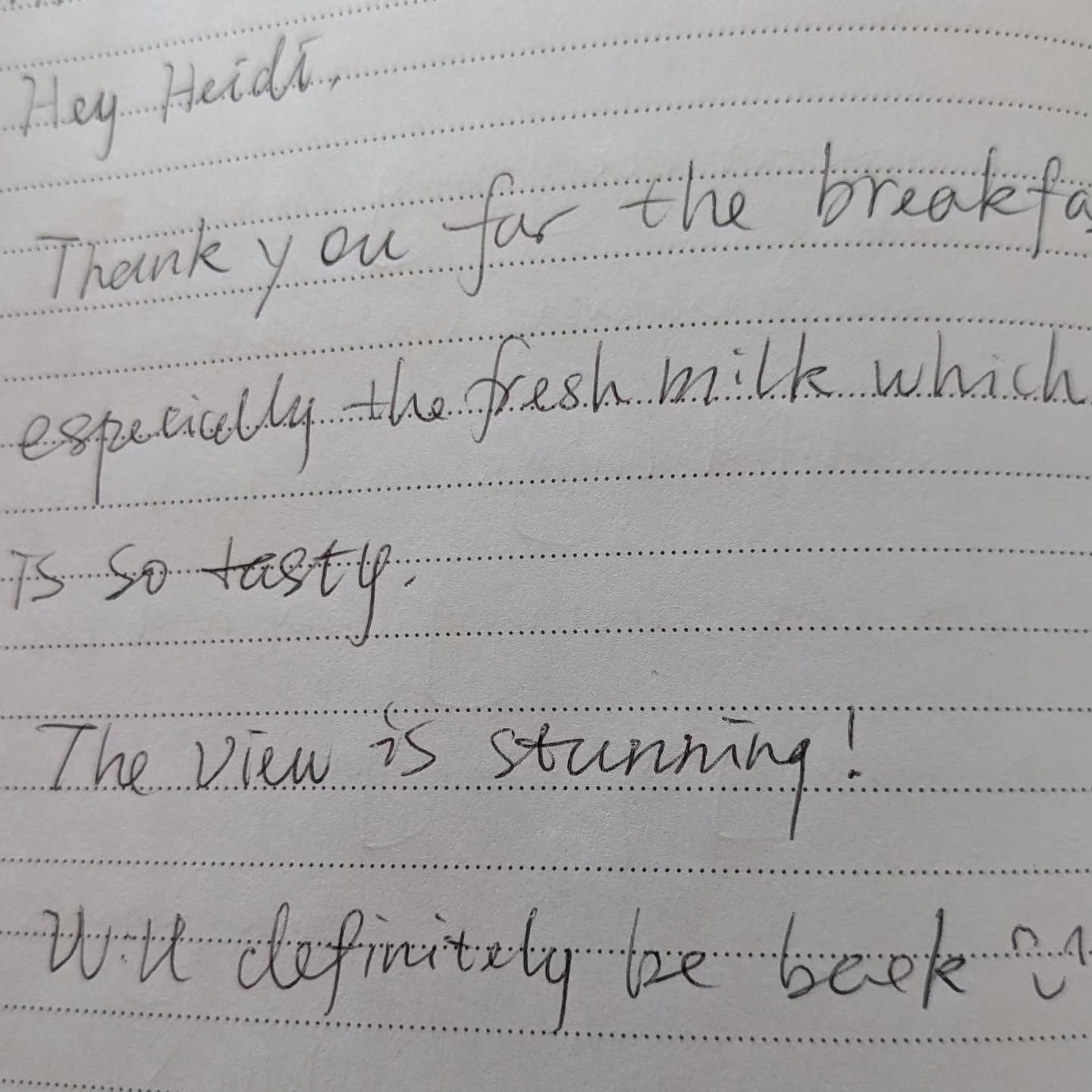 Handwritten guest note left in the guest book