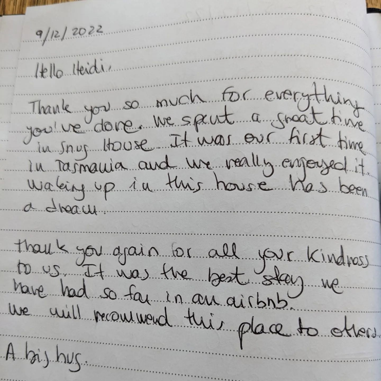 Handwritten guest note left in the guest book