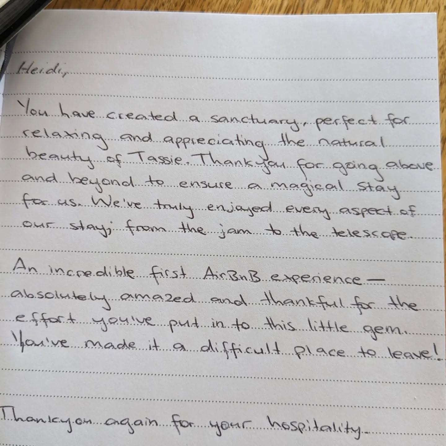 Handwritten guest note left in the guest book