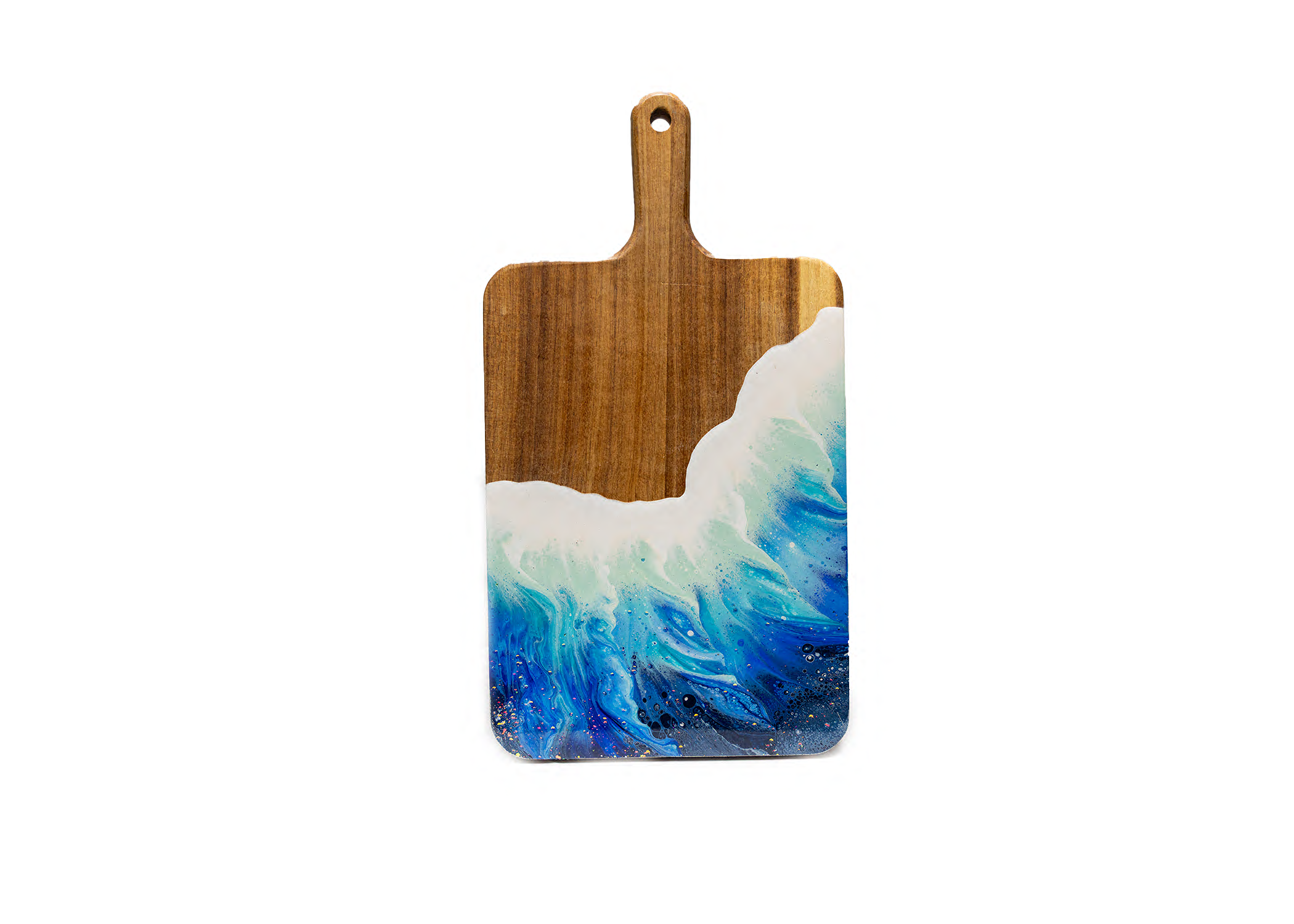 Premium acacia wood board. Includes the full experience, all materials, and your finished piece professionally coated with a high-gloss resin finish for a luxurious, glass-like shine.