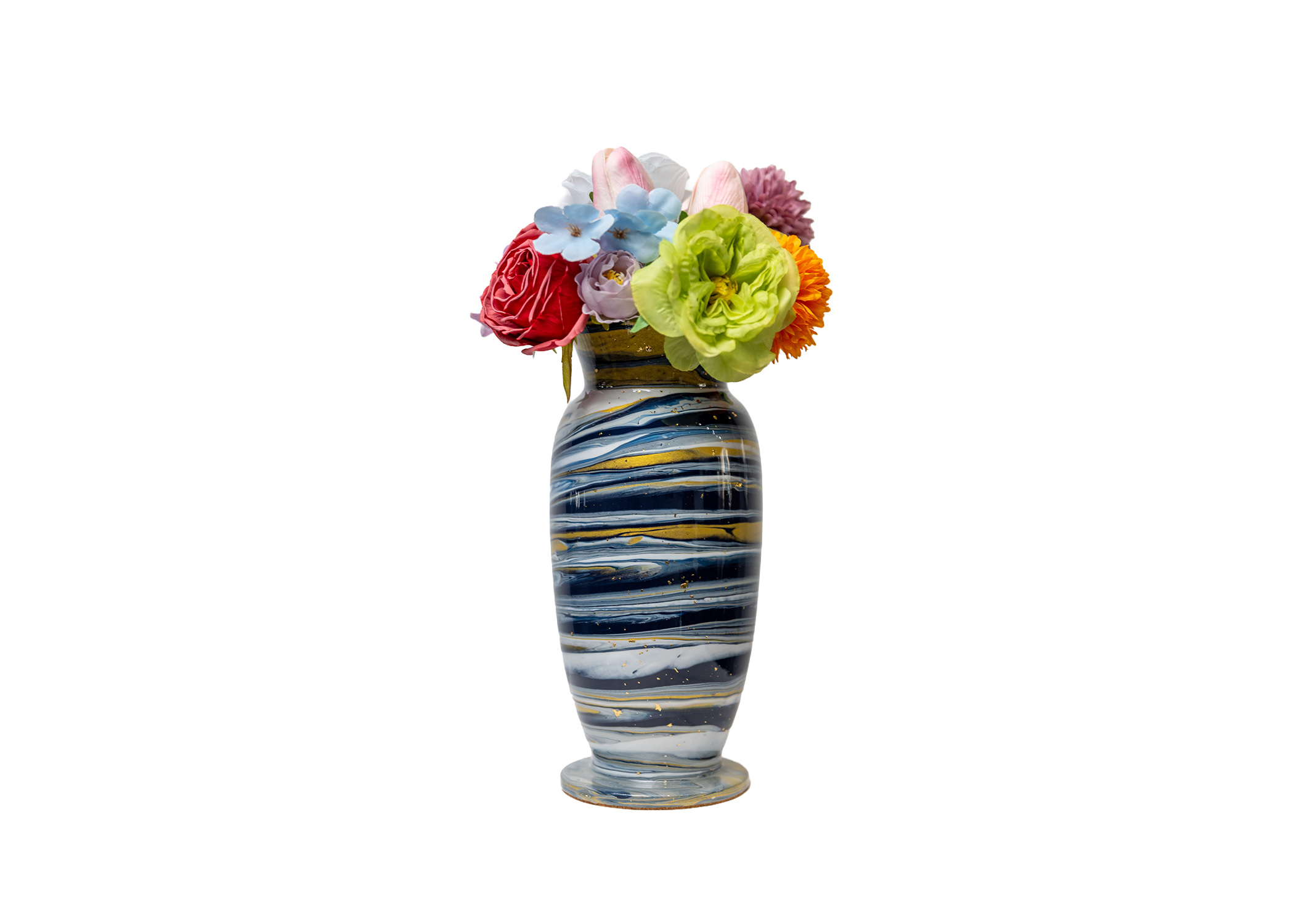 Tall glass vase with an elegant fluid art finish that makes a beautiful statement piece for tables, shelves, countertops, or entryways. Holds water for real floral arrangements. Includes the full experience, all materials, and your finished vase professionally coated with a high-gloss resin finish.
