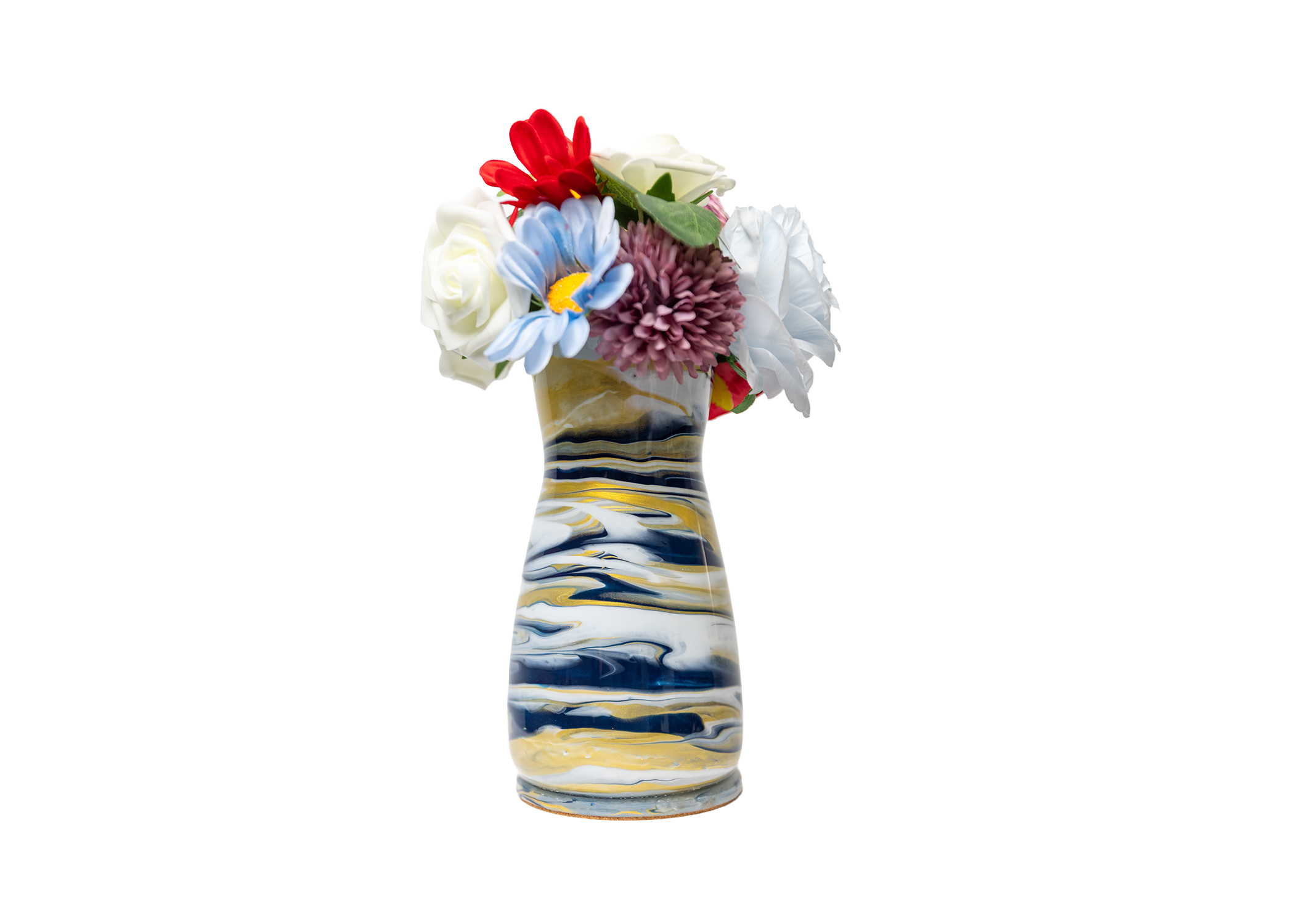 Glass flower vase with a fluid art finish — perfect for fresh or faux flowers and easy to style anywhere in your home. Holds water for real floral arrangements. Includes the full experience, all materials, and your finished vase professionally coated with a high-gloss resin finish.
