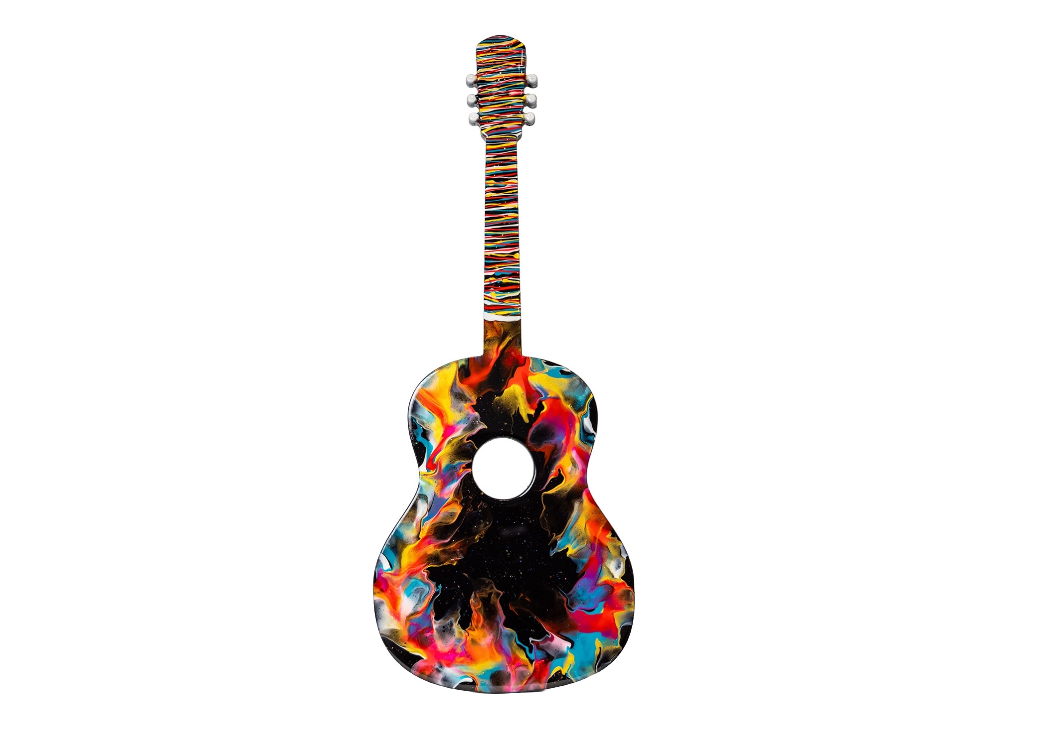 Full-sized wooden guitar wall décor designed to stand out. A bold conversation piece for music lovers, studios, game rooms, offices, or creative spaces. Display-ready with a hanger attached to the back for easy wall mounting. Includes the full experience, all materials, and your finished piece professionally coated with a high-gloss resin finish.