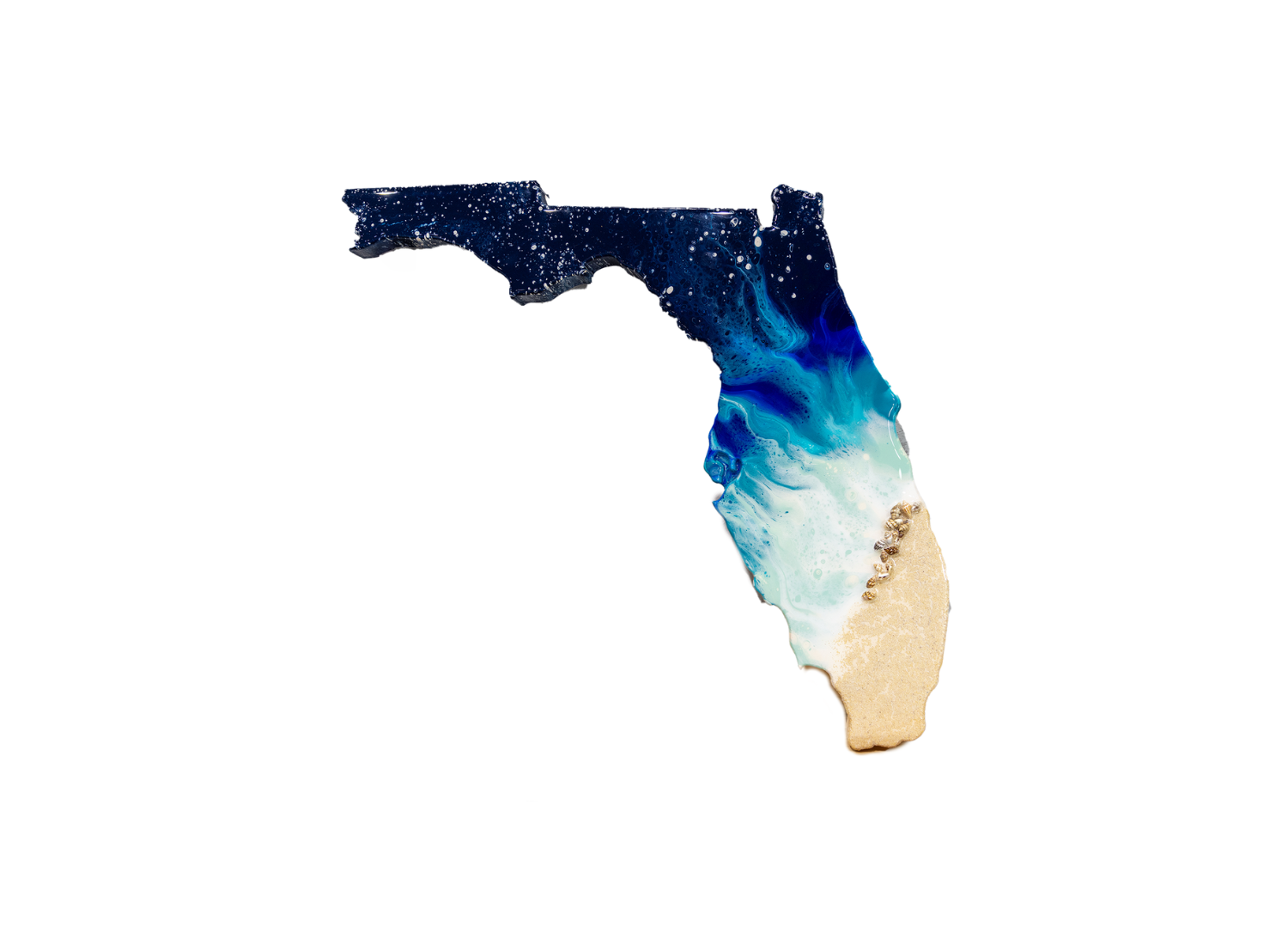 Florida-inspired wooden wall décor with an abstract coastal finish inspired by the Sunshine State. A perfect statement piece for beach lovers, Florida homes, vacation properties, or anyone wanting a little piece of paradise on their wall. Display-ready with a hanger attached to the back for easy wall mounting. Includes the full experience, all materials, and your finished piece professionally coated with a high-gloss resin finish.