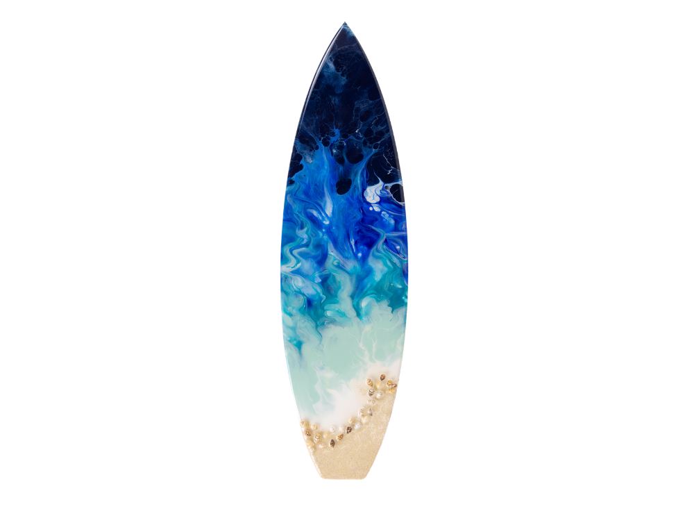 Coastal-inspired wall piece with fluid movement and ocean-inspired energy. Display-ready with a hanger attached to the back for easy wall mounting. Includes the full experience, all materials, and your finished piece professionally coated with a high-gloss resin finish.
