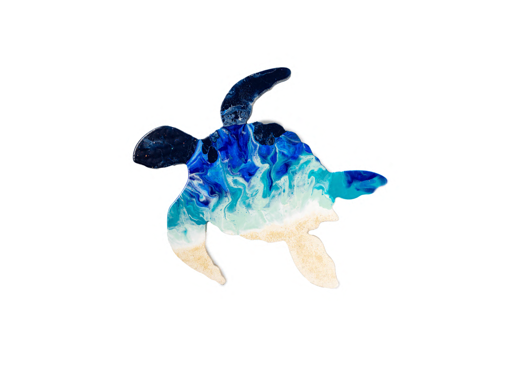 Coastal-inspired wall piece with fluid movement and ocean-inspired energy. Display-ready with a hanger attached to the back for easy wall mounting. Includes the full experience, all materials, and your finished piece professionally coated with a high-gloss resin finish.