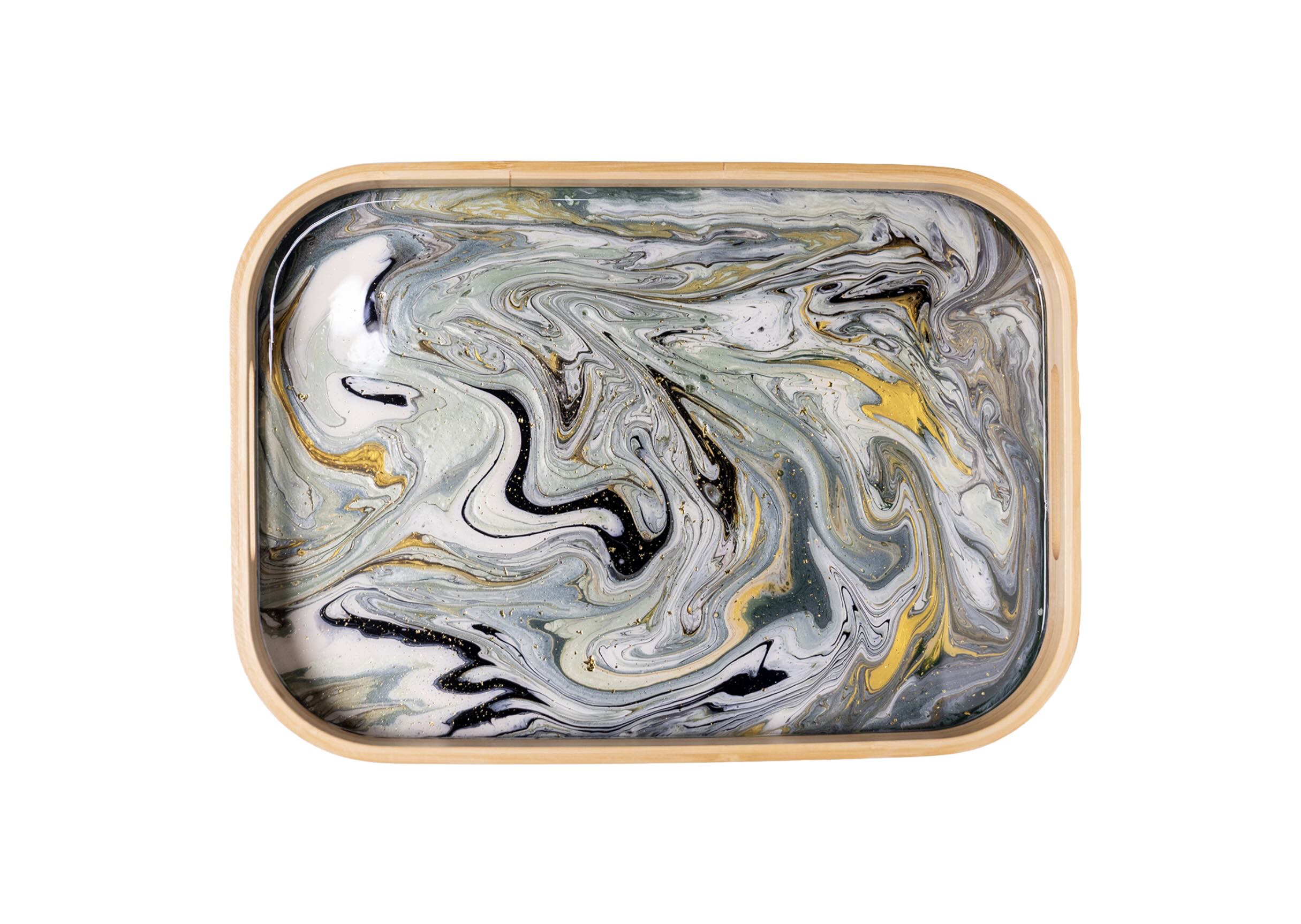 A versatile bamboo serving tray transformed into functional art with your own fluid art design. Perfect for entertaining, organizing, or styling a coffee table, kitchen, or bar area. Includes the full experience, all materials, and your finished piece professionally coated with a high-gloss resin finish.