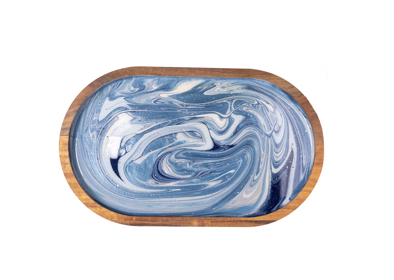 A beautiful acacia wood serving plate transformed into functional art with your own fluid art design. Perfect for serving, styling a coffee table, or displaying as a statement piece in your home. Includes the full experience, all materials, and your finished piece professionally coated with a high-gloss resin finish.