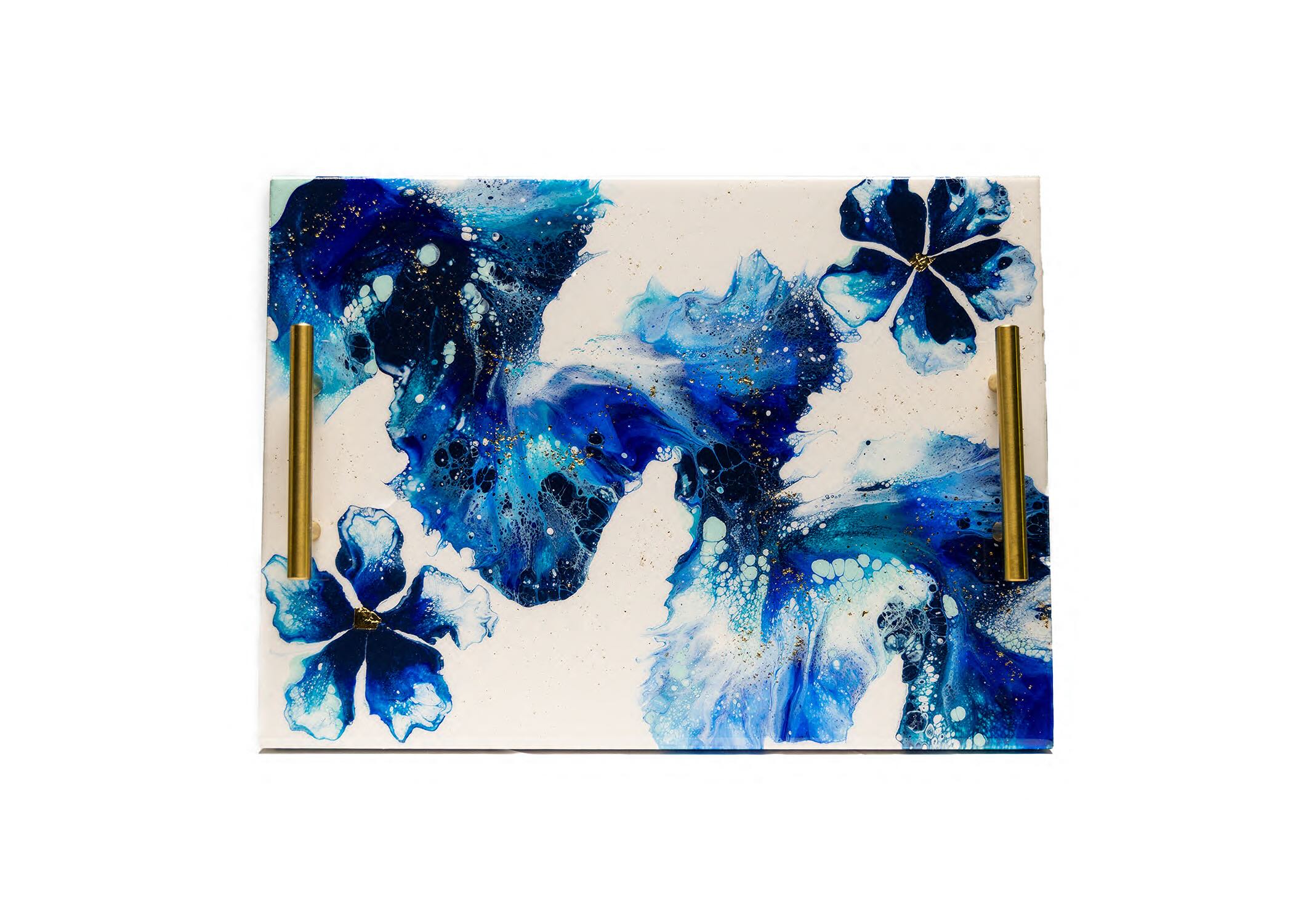 Wooden serving tray with your choice of gold, black, or silver handles. Includes the full experience, all materials, and your finished piece professionally coated with a high-gloss resin finish for a sleek, elevated look.