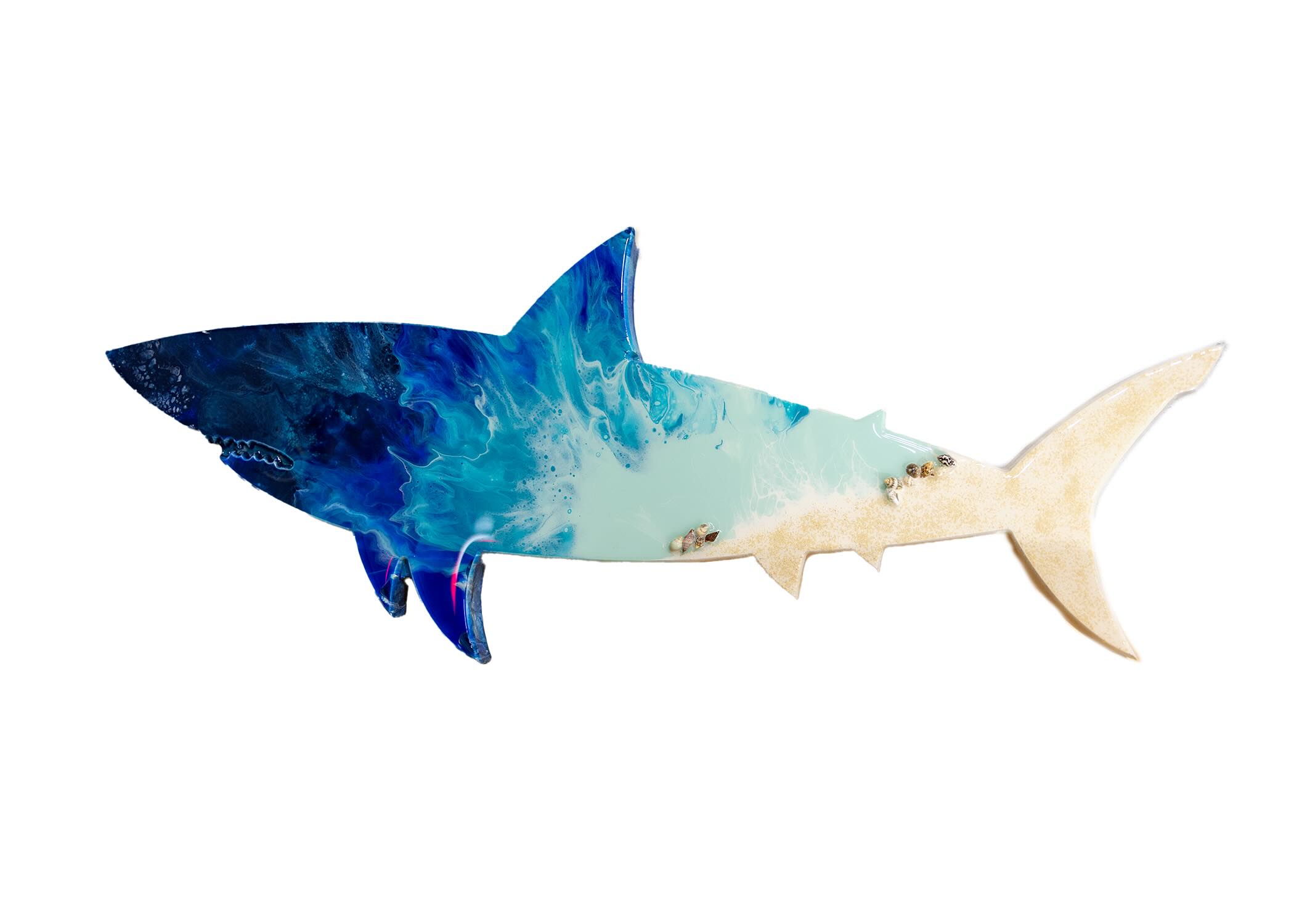 Shark-inspired wooden wall décor with a bold abstract finish. A fun ocean-inspired statement piece designed to stand out in offices, bedrooms, living spaces, or coastal-inspired interiors. Display-ready with a hanger attached to the back for easy wall mounting. Includes the full experience, all materials, and your finished piece professionally coated with a high-gloss resin finish.