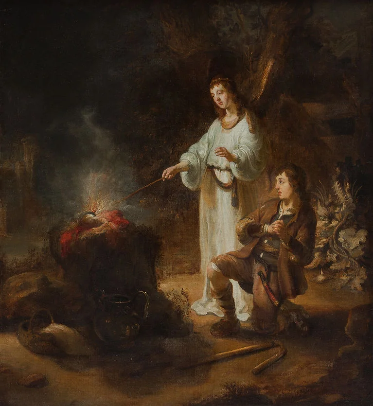 Victorins - painting of an angel in white robes with wand over glowing fire and kneeling man