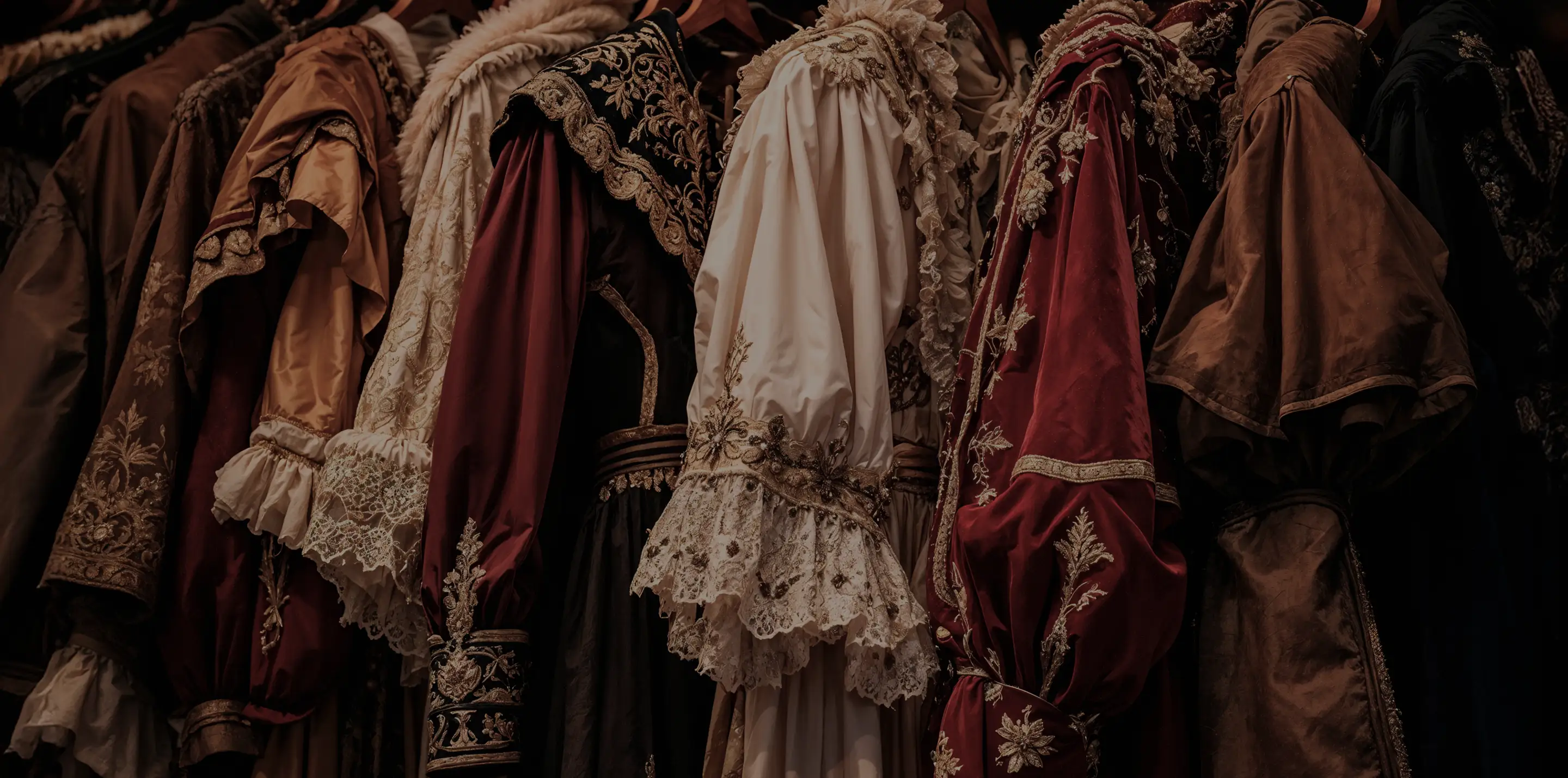 Victorins - row of vintage ornate costumes with lace and embroidery on wooden hangers