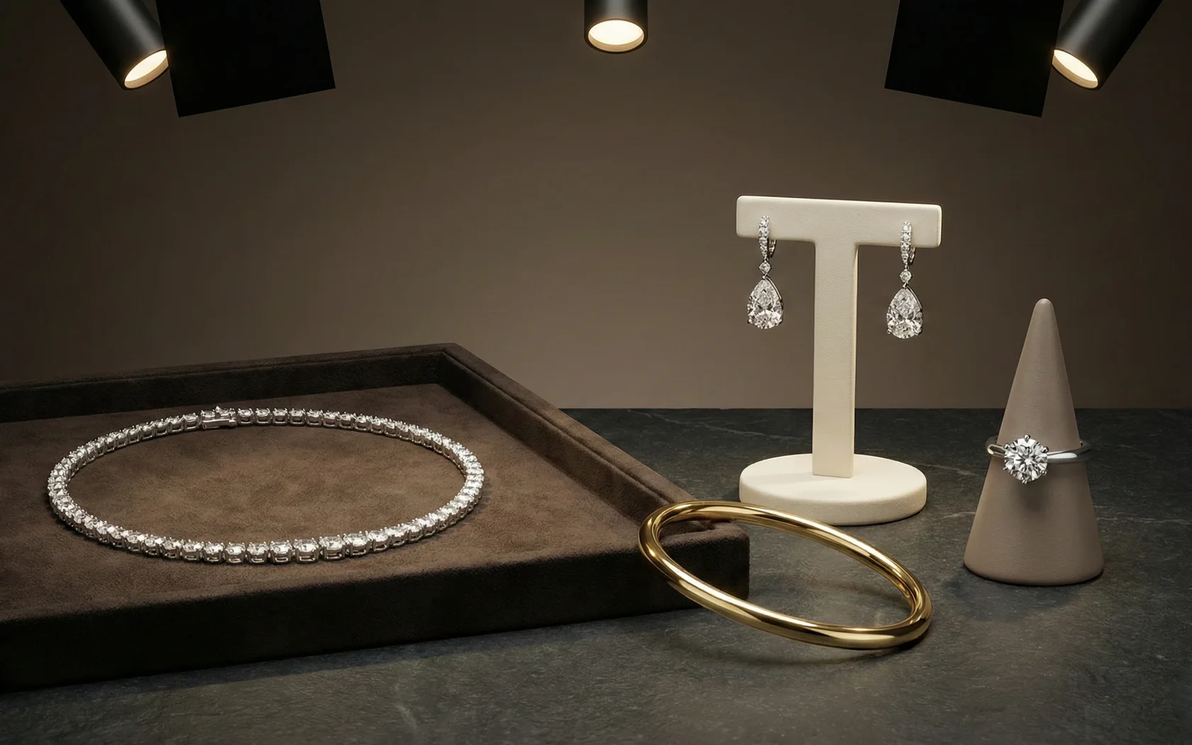 Victorins - luxury jewelry set with diamond tennis necklace, gold bangle, teardrop earrings and solitaire ring