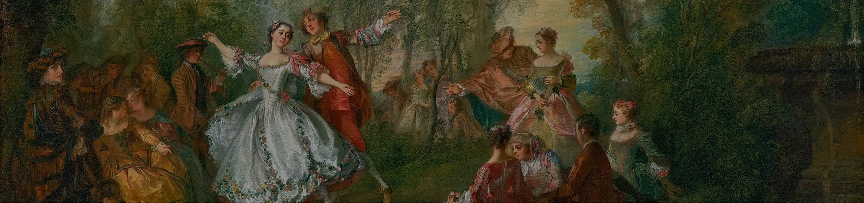 Victorins - 18th-century outdoor scene of elegantly dressed figures dancing in a wooded garden
