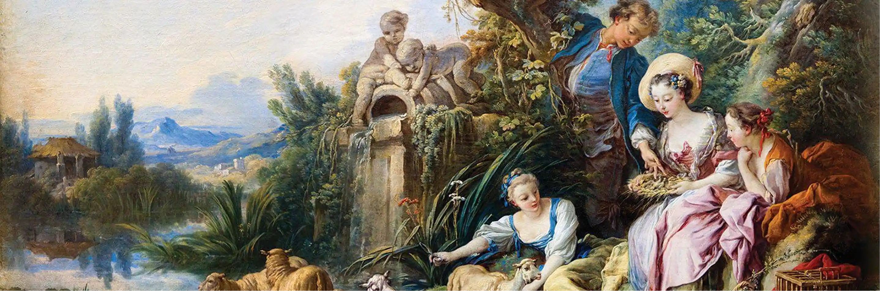 Victorins - Rococo painting of figures in 18th-century attire by a stone fountain with sheep and mountains