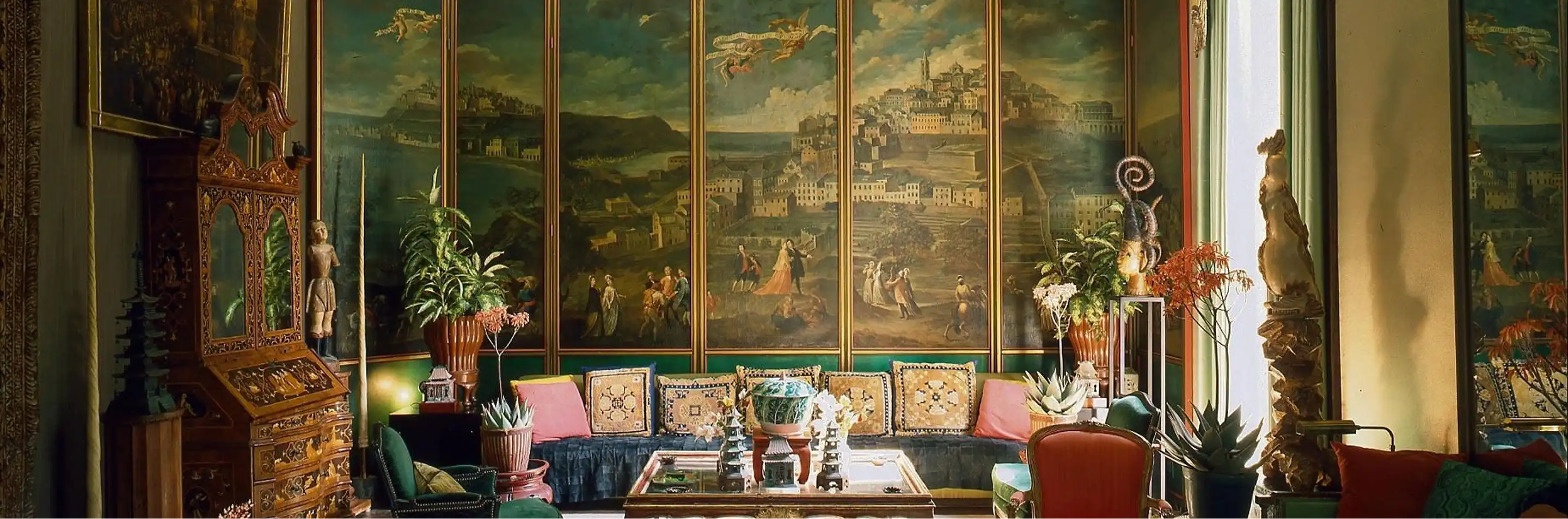 Victorins - luxurious vintage living room with panoramic town mural and antique wooden furniture