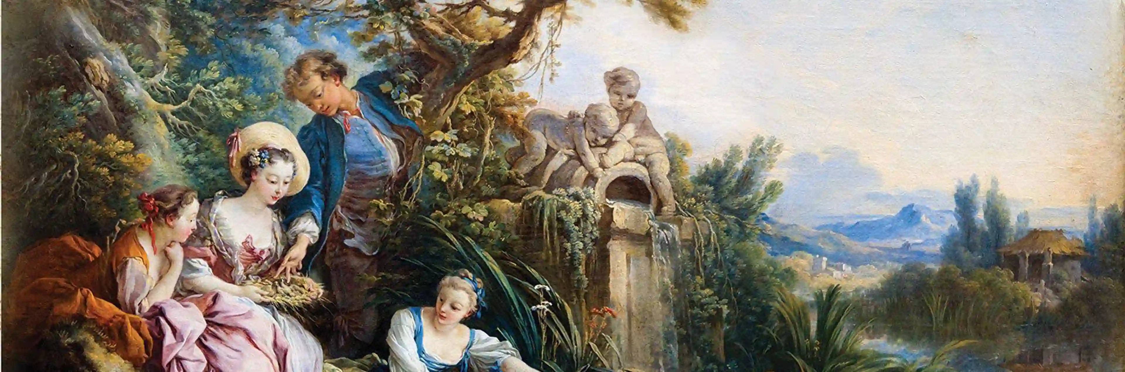 Victorins - Rococo painting of adults and children in historical dress in a lush garden with fountain