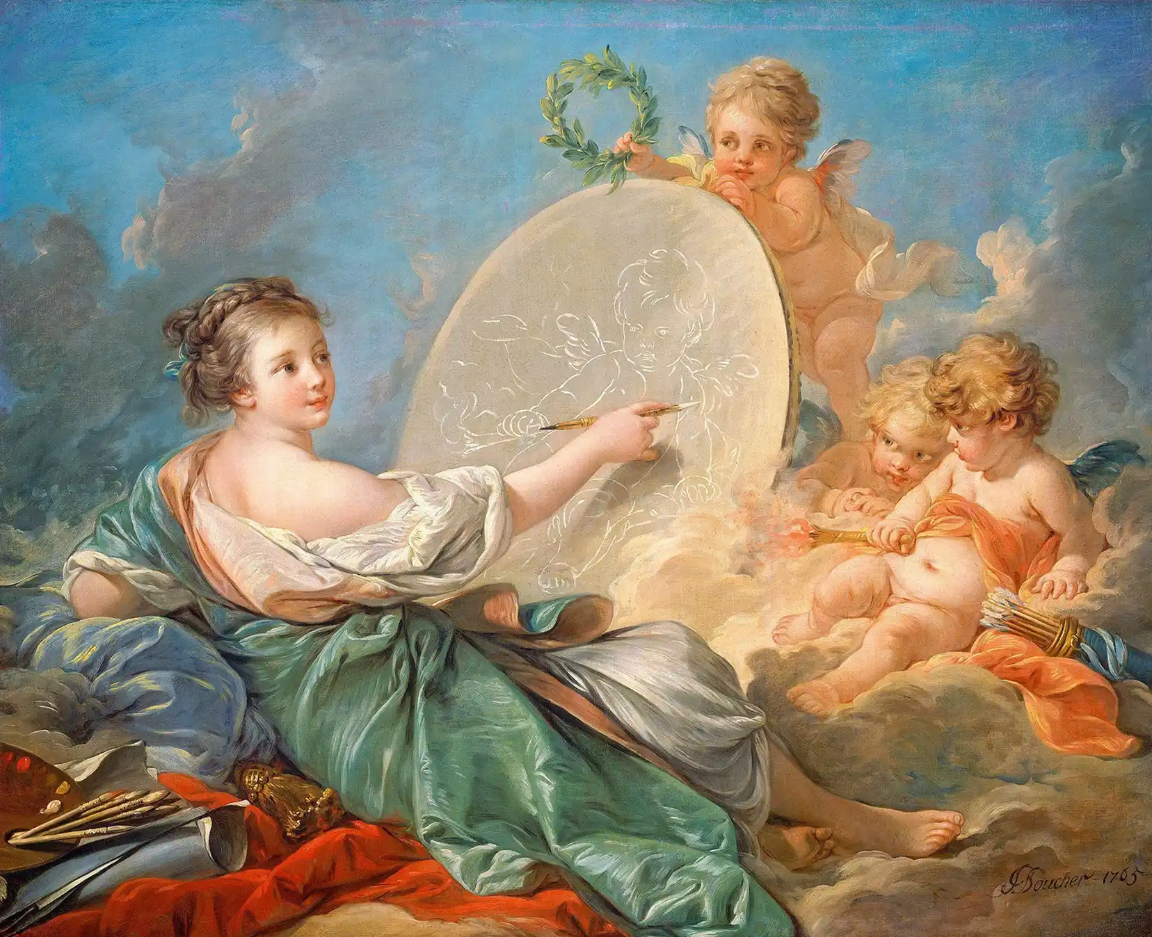 Victorins - Rococo painting of a woman sketching a cherub surrounded by three cherubs with wreath