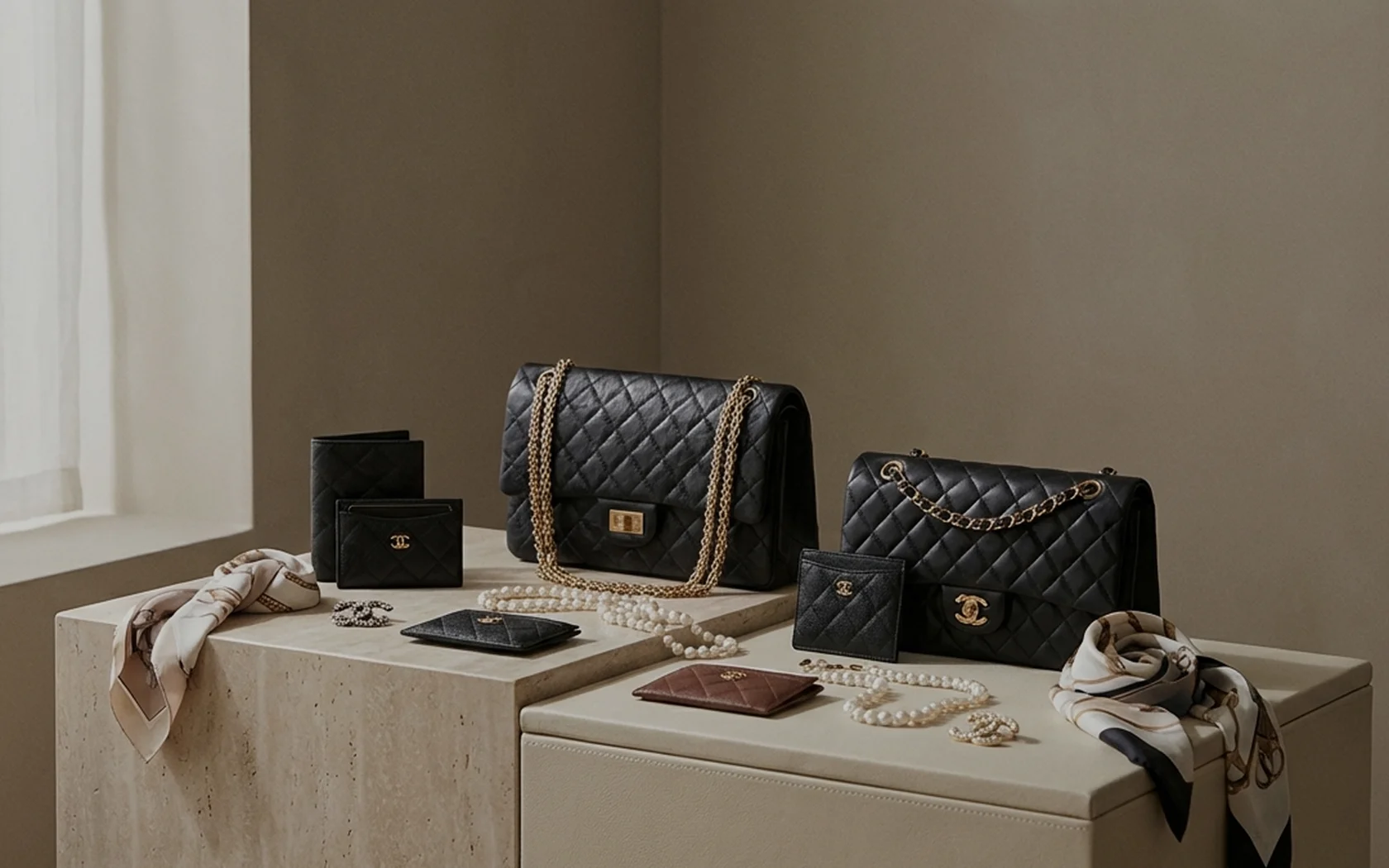 Two black quilted leather handbags with gold chain straps, accompanied by small quilted wallets, pearl necklaces, and patterned silk scarves displayed on stone and leather surfaces.