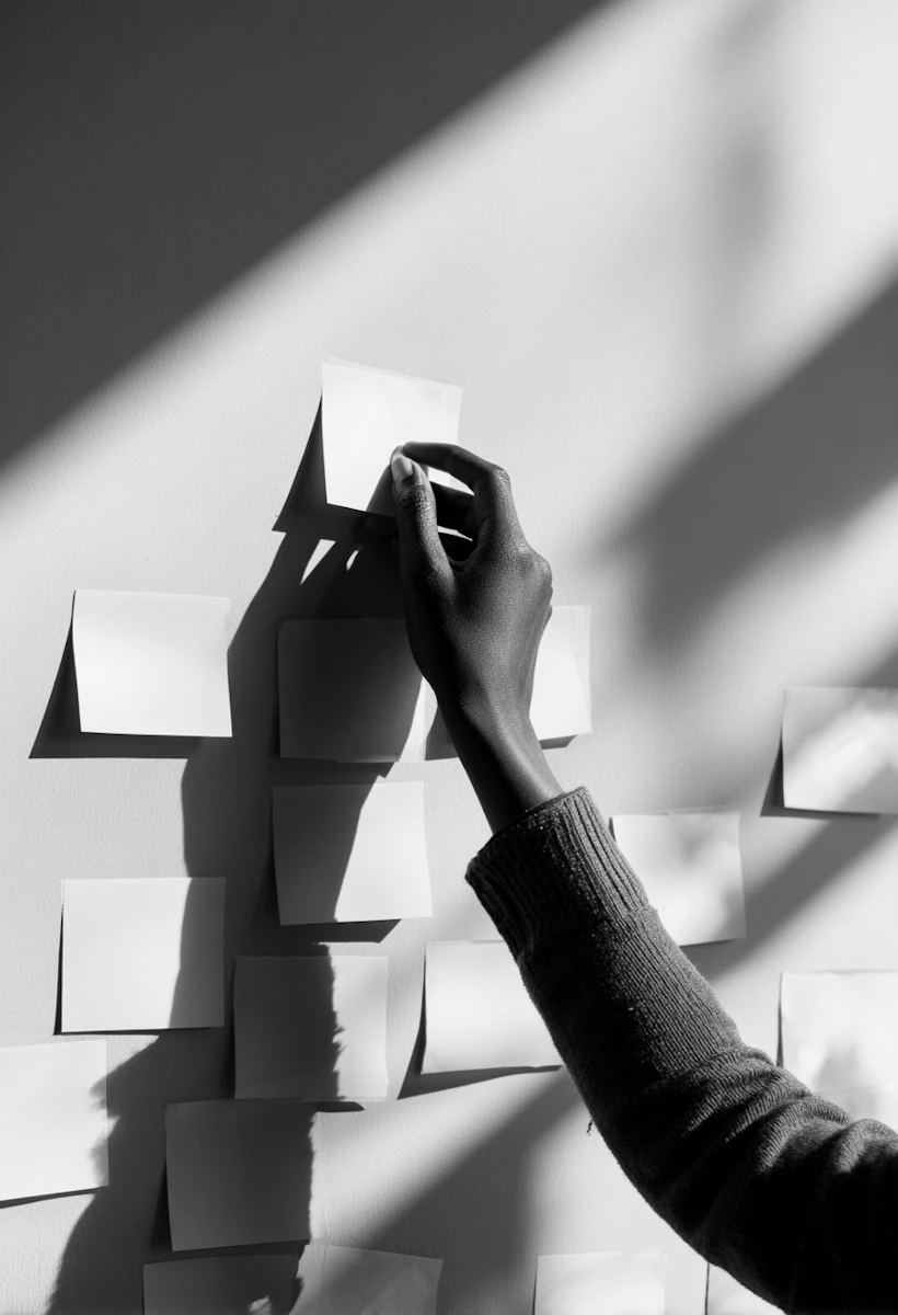 Hand placing a blank sticky note on a wall with several blank sticky notes in sunlight.