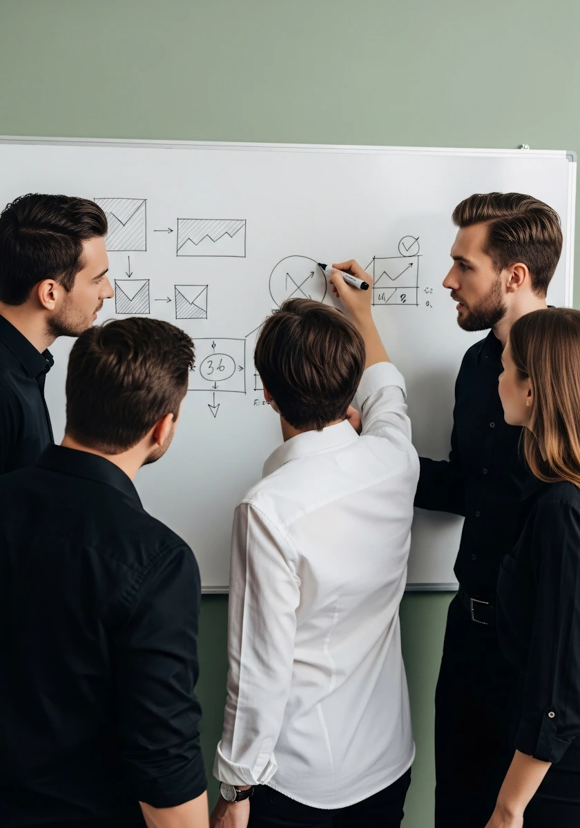 Five colleagues gathered around a whiteboard discussing charts and graphs during a team brainstorming session.