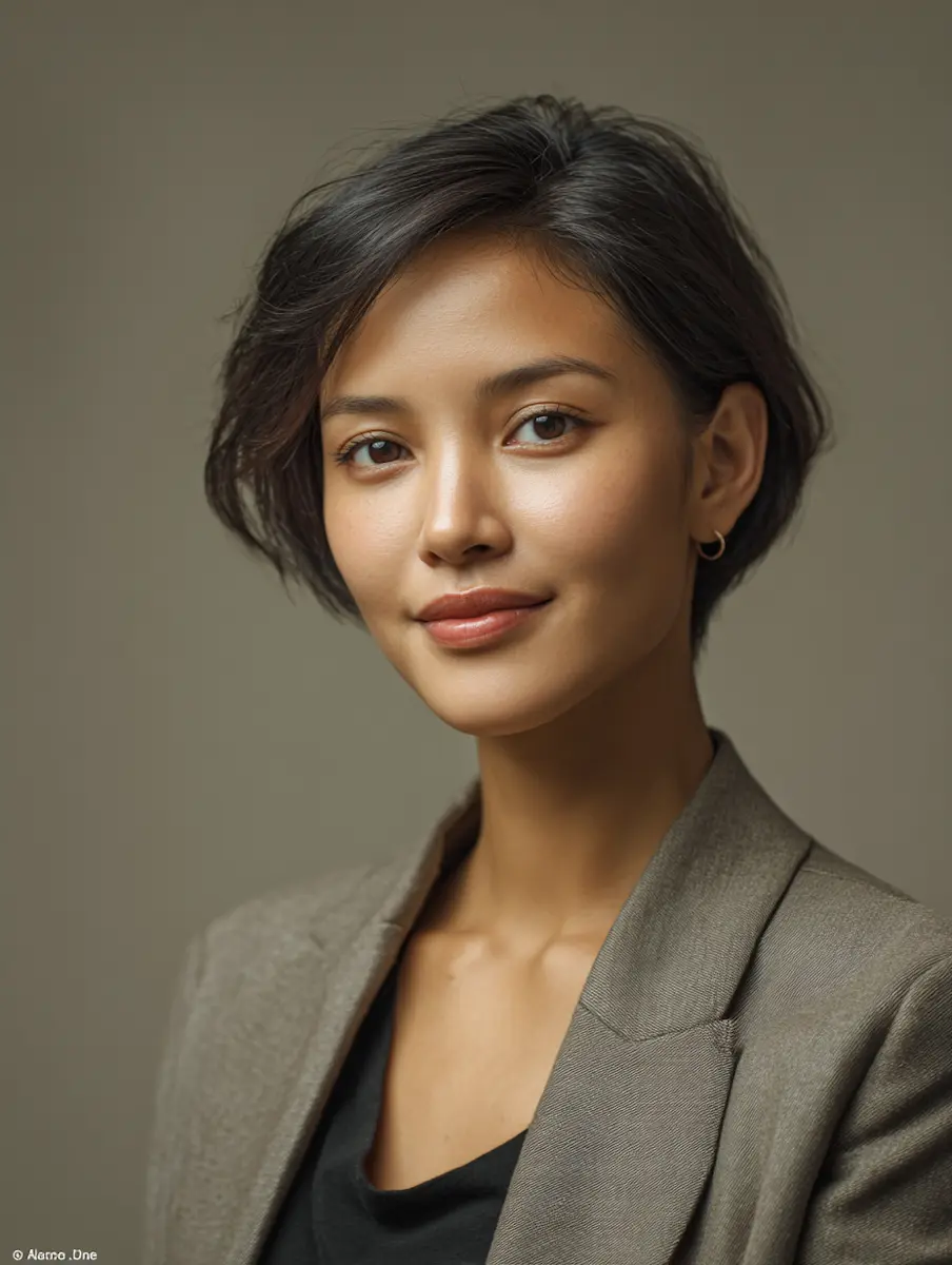Young woman with short dark hair wearing a gray blazer and black top, smiling softly against neutral background.