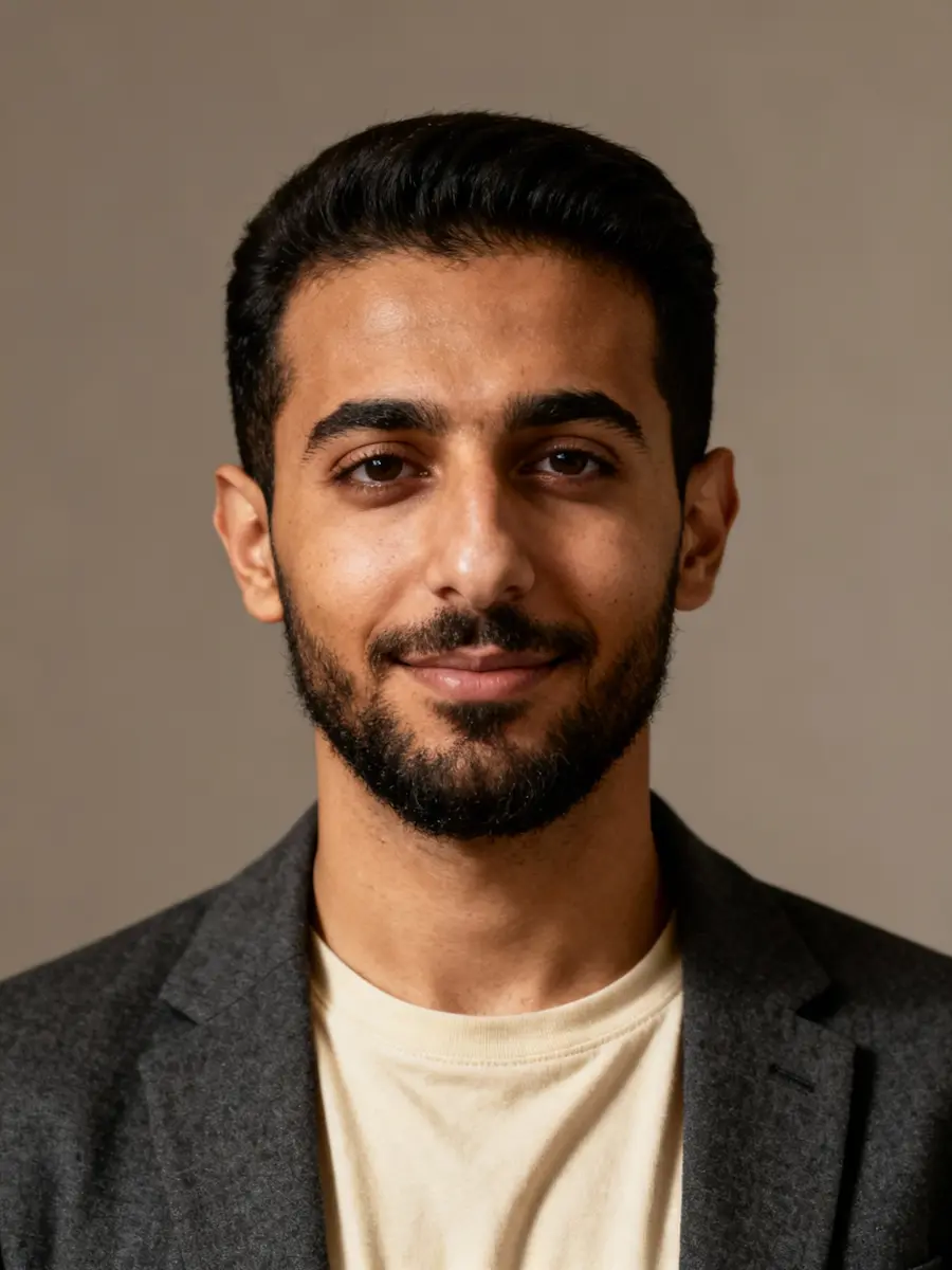 Portrait of a smiling man with short black hair and beard wearing a dark blazer and light shirt.