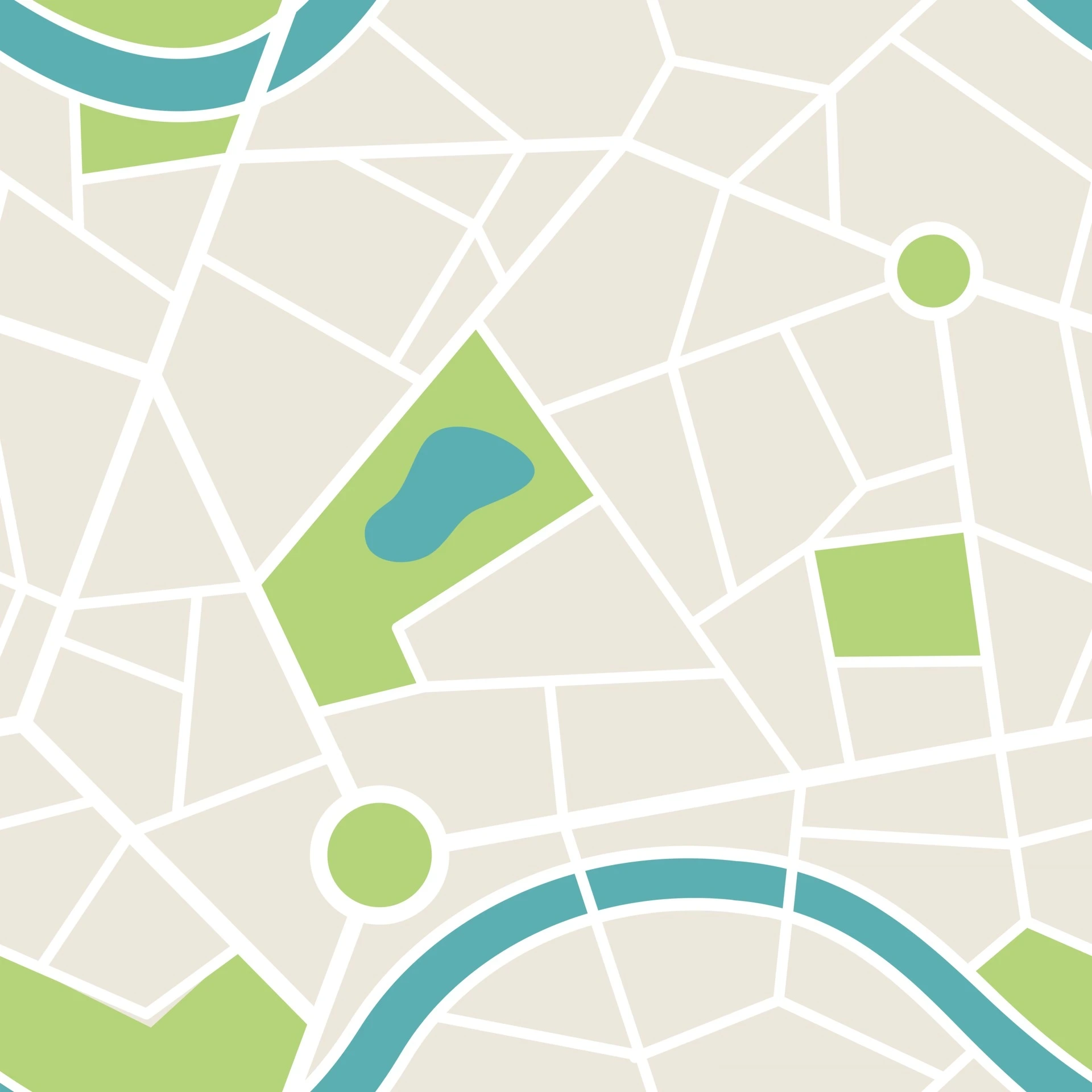 Simplified city map showing streets, green parks with a pond, roundabouts, and a curved river.