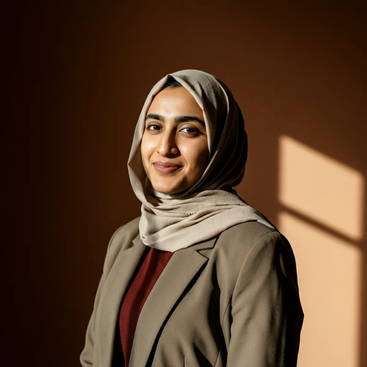 Smiling woman wearing beige hijab, brown blazer, and maroon top against brown background with sunlight.