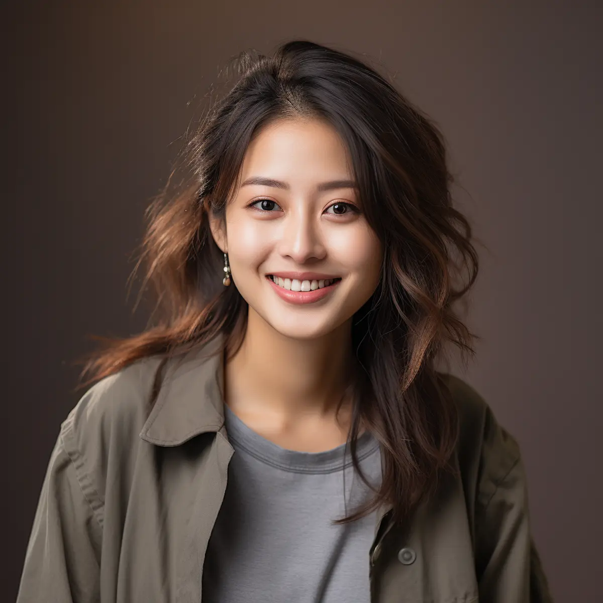 Smiling young woman with wavy dark hair wearing a gray shirt and olive jacket, neutral background.