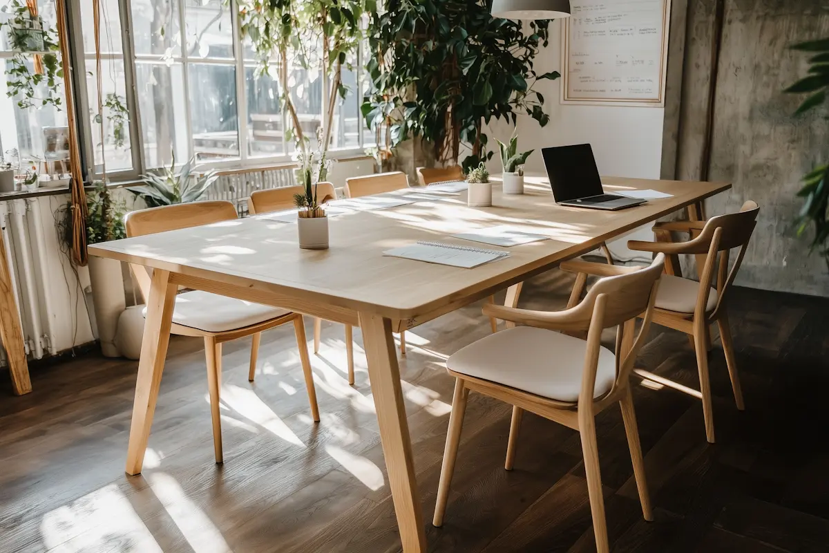 Sunlit modern office with a wooden table, chairs, laptop, plants, and papers arranged neatly.