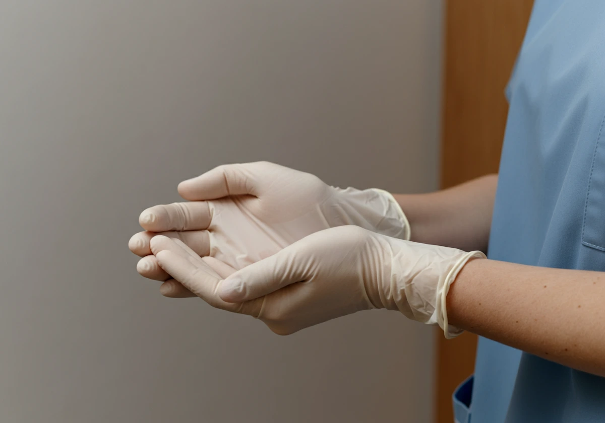 Hands wearing light-colored disposable medical gloves against a neutral background.