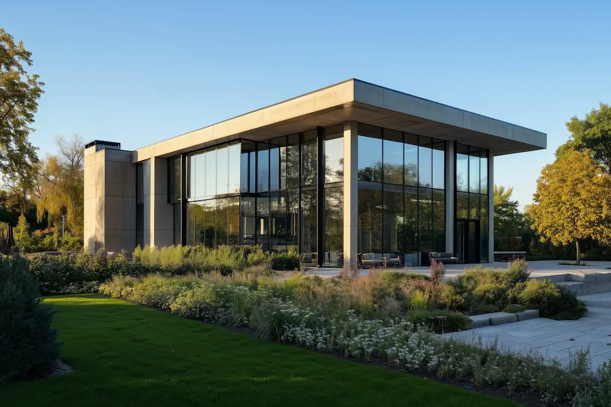 Modern glass and concrete building with outdoor seating surrounded by lush garden and trees.