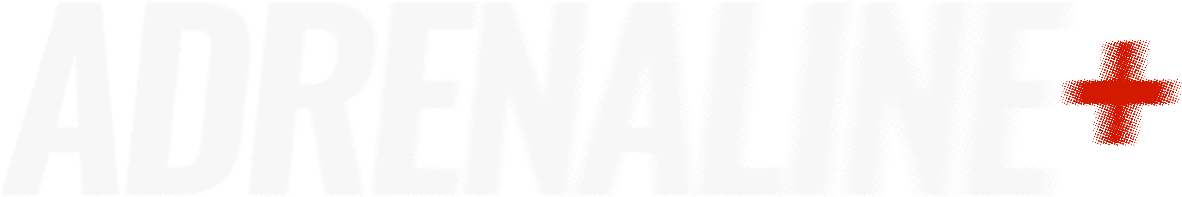 The word 'ADRENALINE' in bold white uppercase letters followed by a red plus sign.