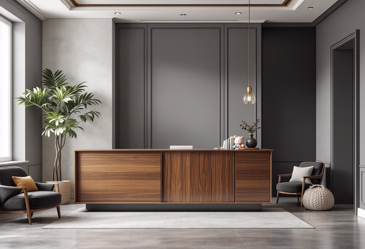 A reception desk with chairs and indoor plants.
