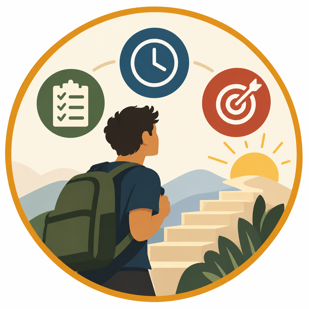 Illustration of a student taking steps toward a goal with a plan and clear priorities.