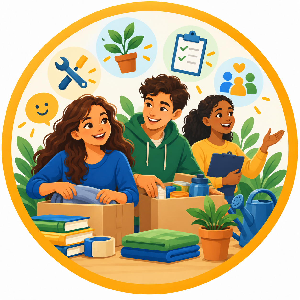 Illustration of young adults organising supplies and materials for a community activity.
