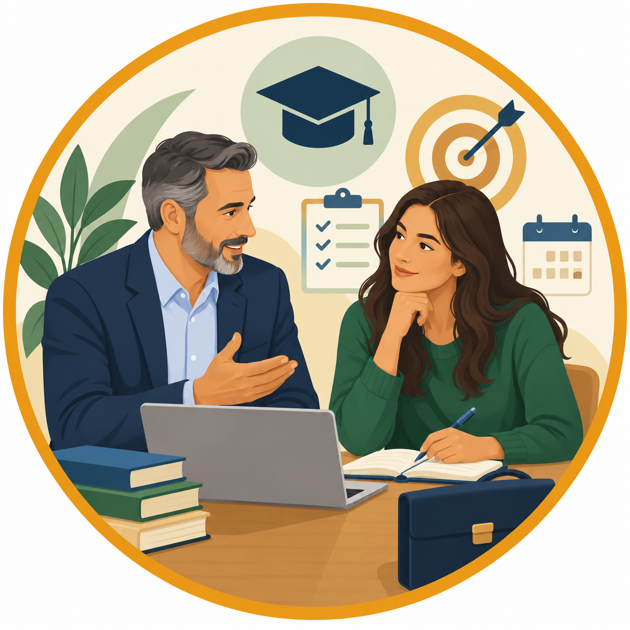 Illustration of a mentor helping a student plan education and career goals.