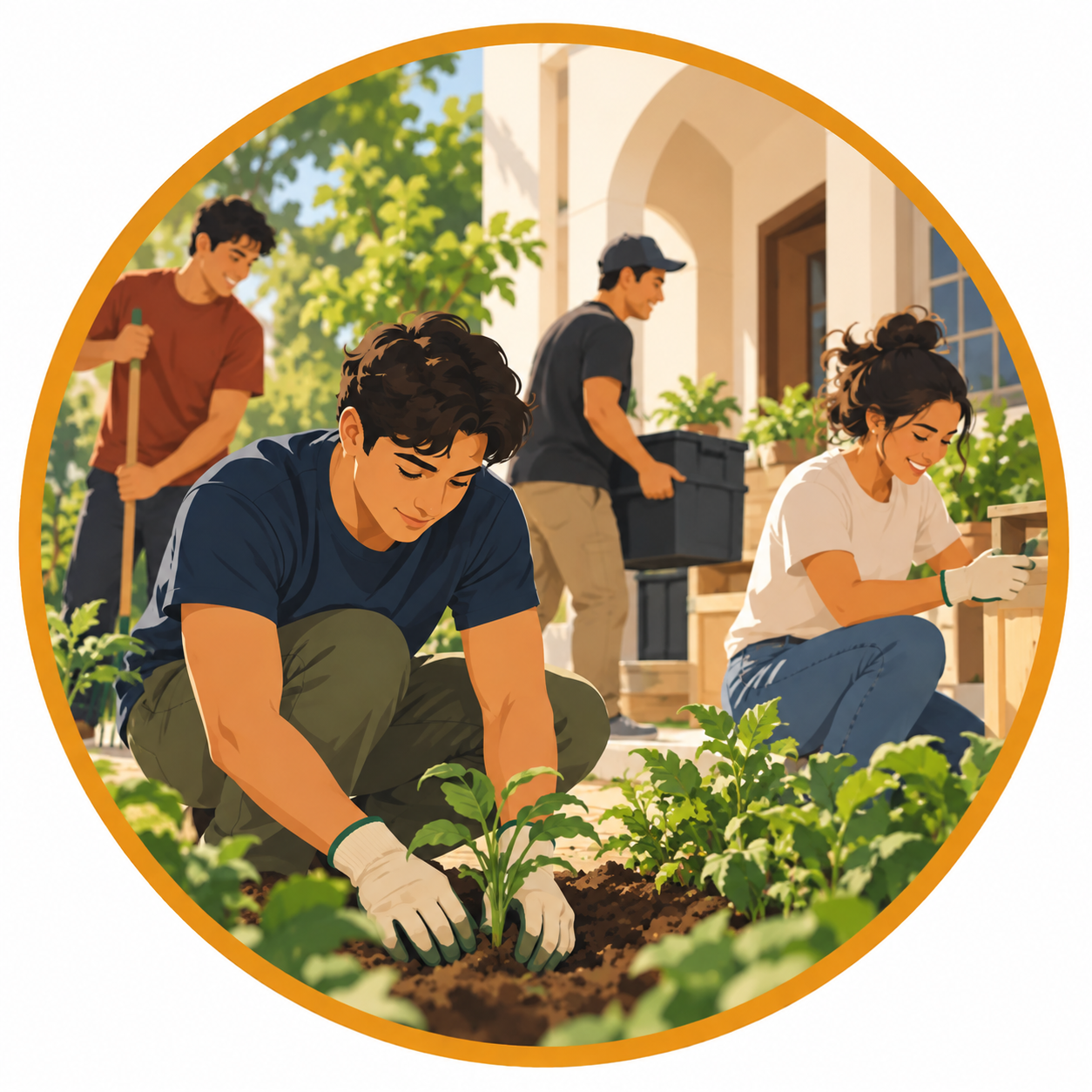 Illustration of young adults gardening and helping with practical work around a shared home.