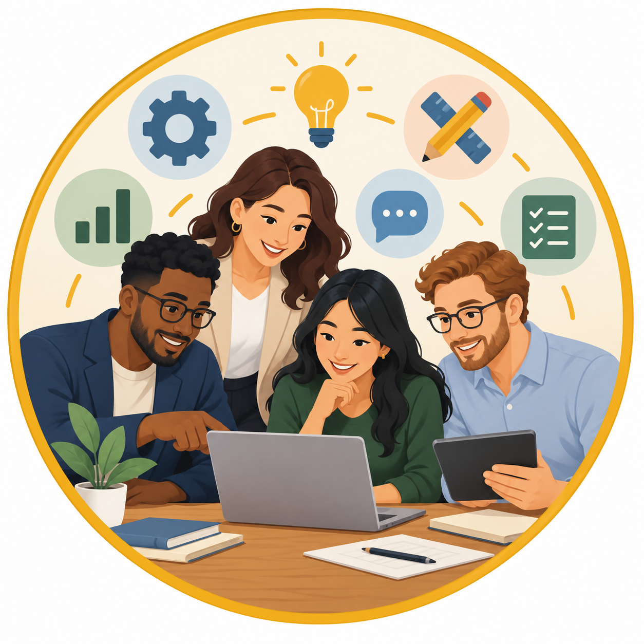 Illustration of a team sharing professional skills and working together around a laptop.